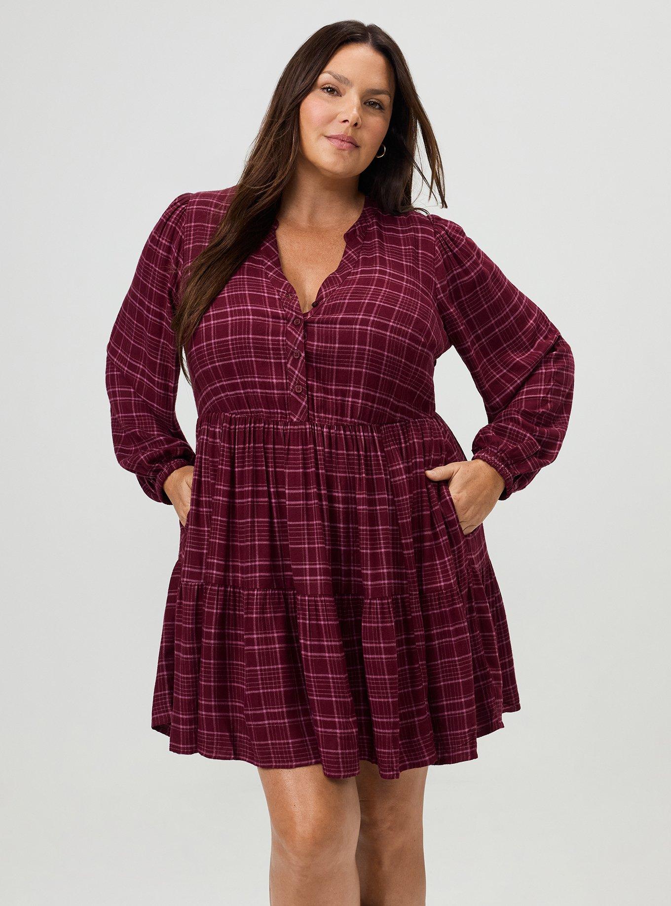 Y-Neck Tiered Mini Dress, TOWN PLAID BURGUNDY, alternate