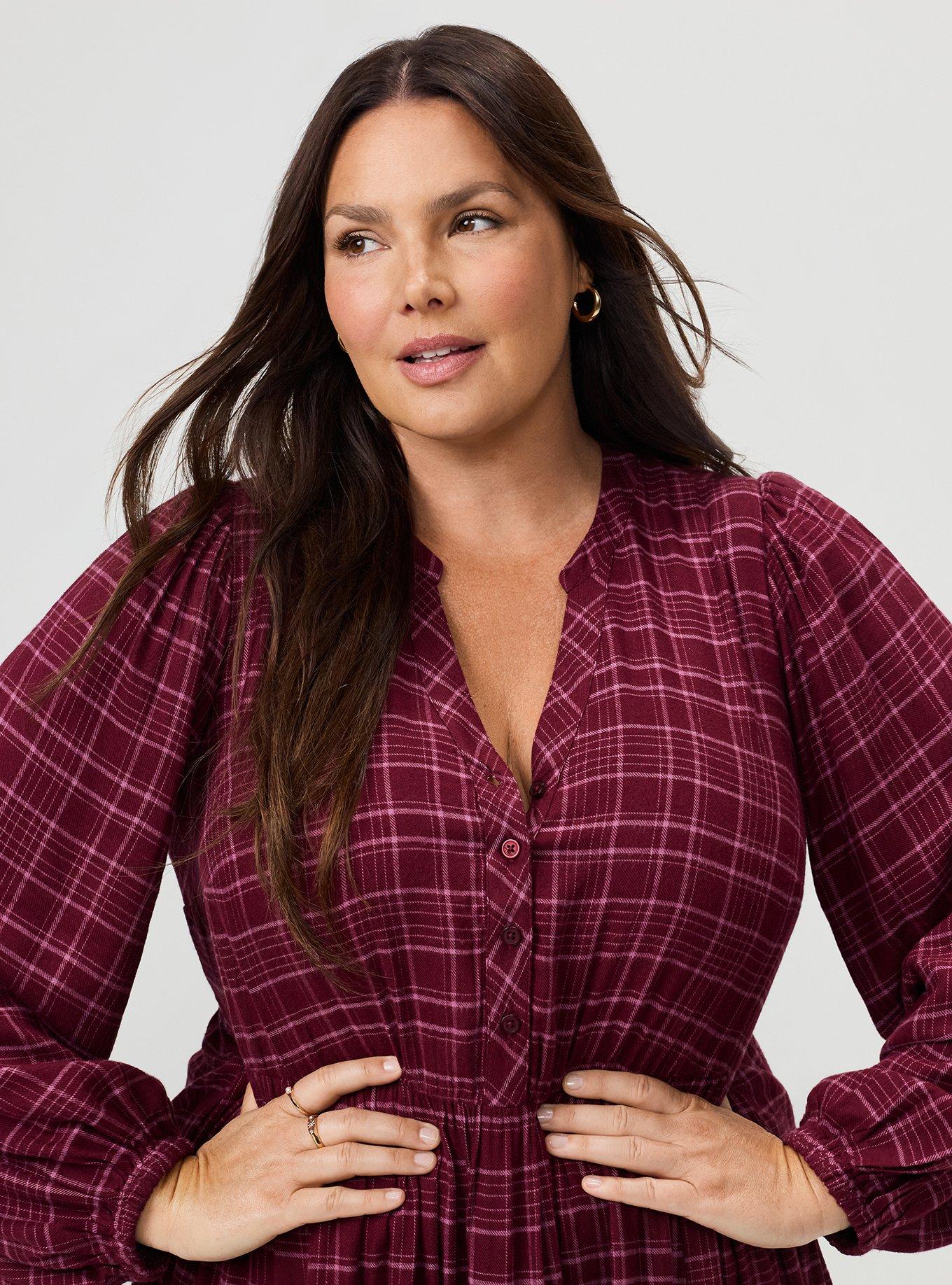 Y-Neck Tiered Mini Dress, TOWN PLAID BURGUNDY, alternate
