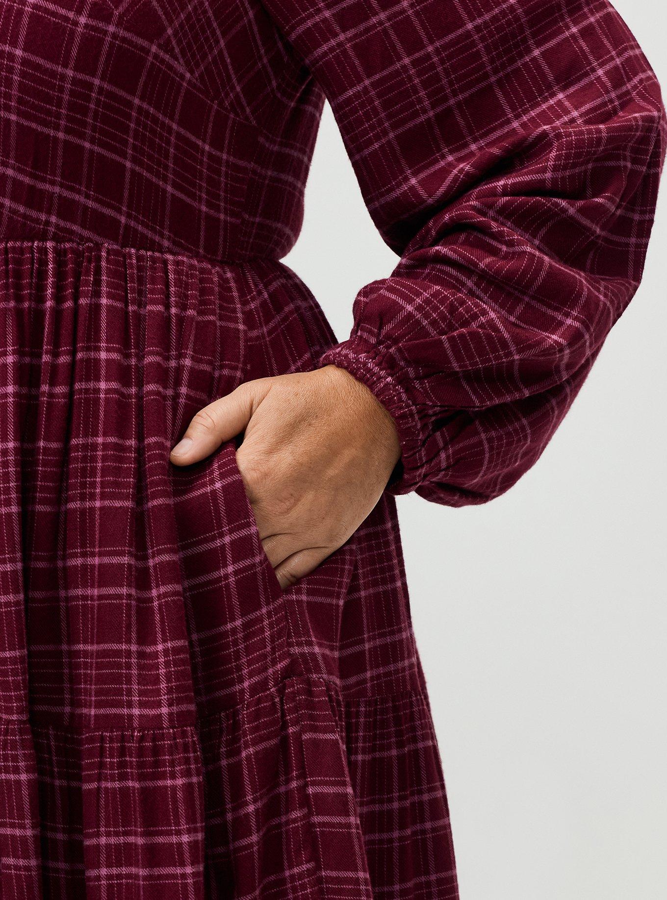Y-Neck Tiered Mini Dress, TOWN PLAID BURGUNDY, alternate