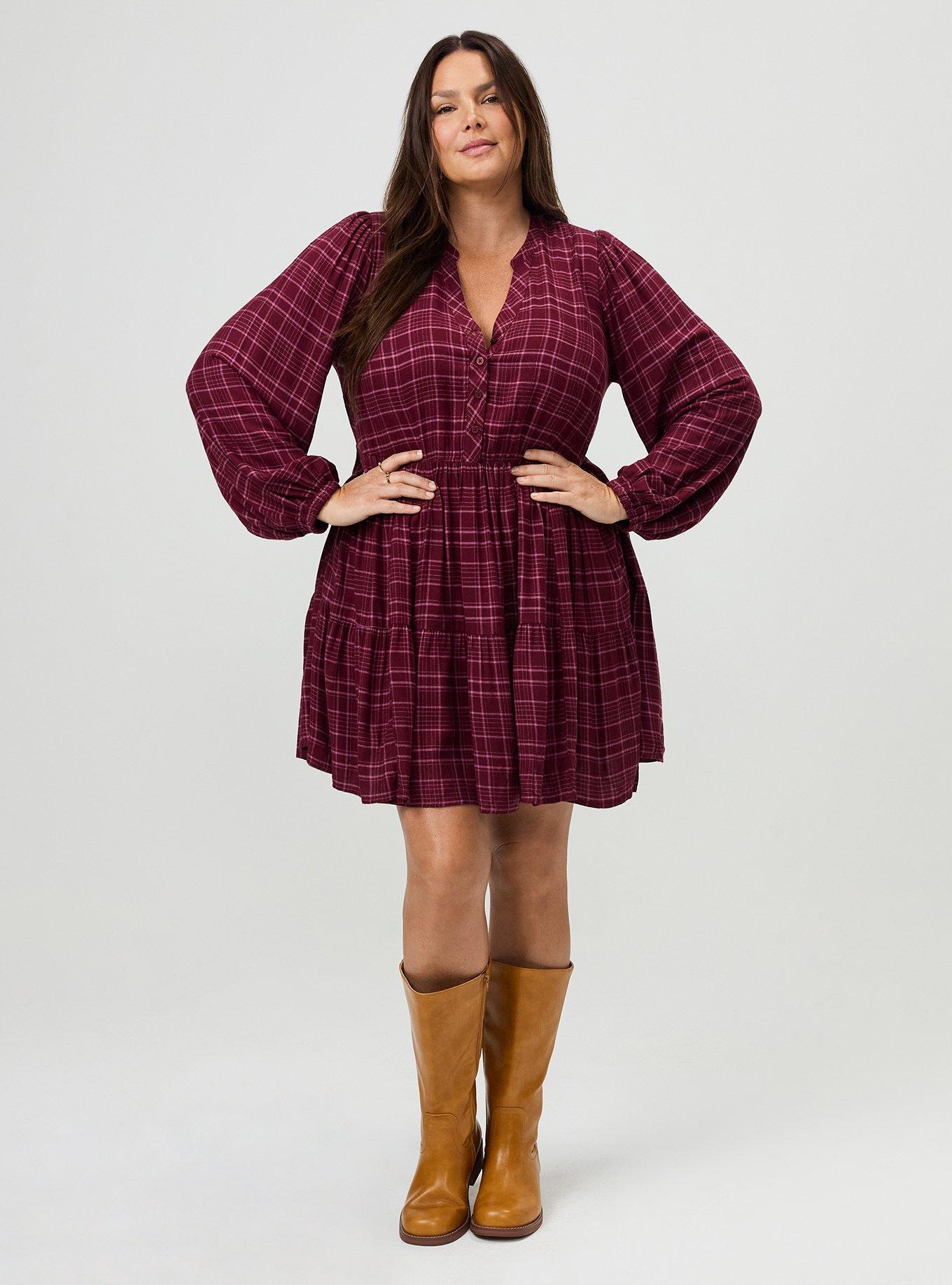 Y-Neck Tiered Mini Dress, TOWN PLAID BURGUNDY, hi-res