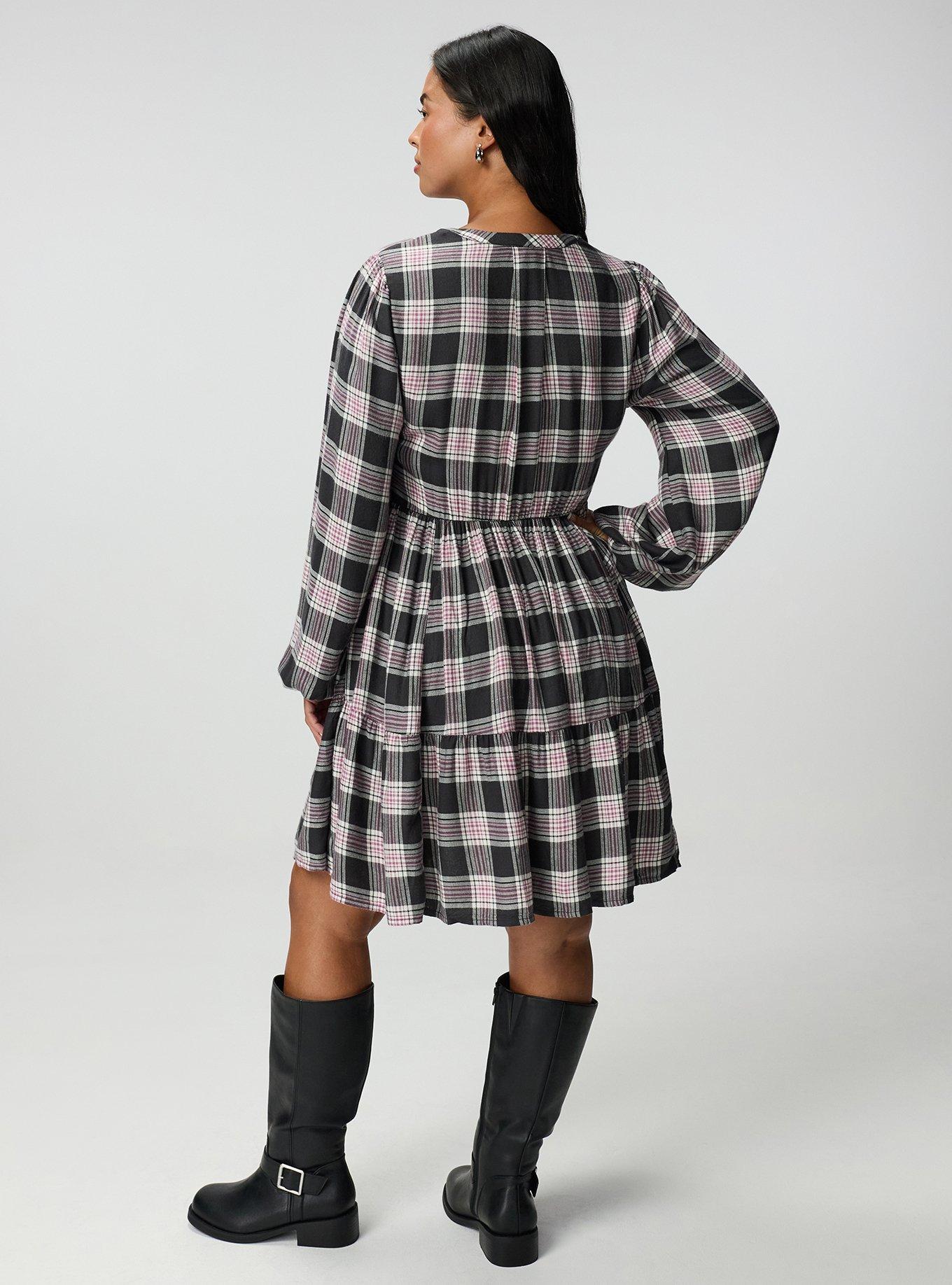Y-Neck Tiered Mini Dress, JACKSON PLAID GRAY, alternate