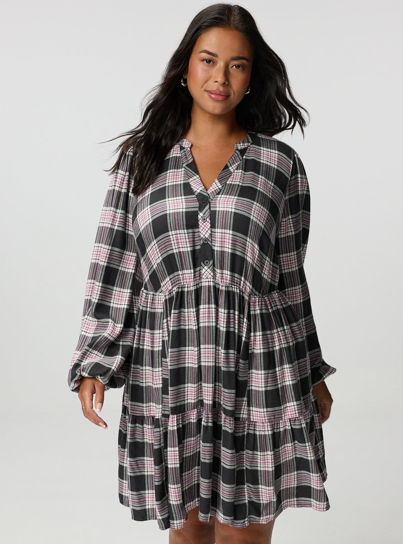 Y-Neck Tiered Mini Dress, JACKSON PLAID GRAY, alternate