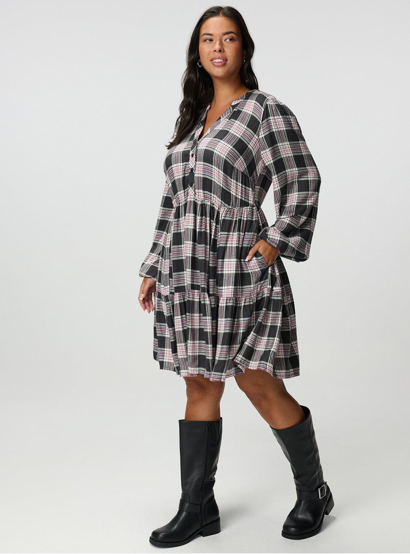 Y-Neck Tiered Mini Dress, JACKSON PLAID GRAY, alternate