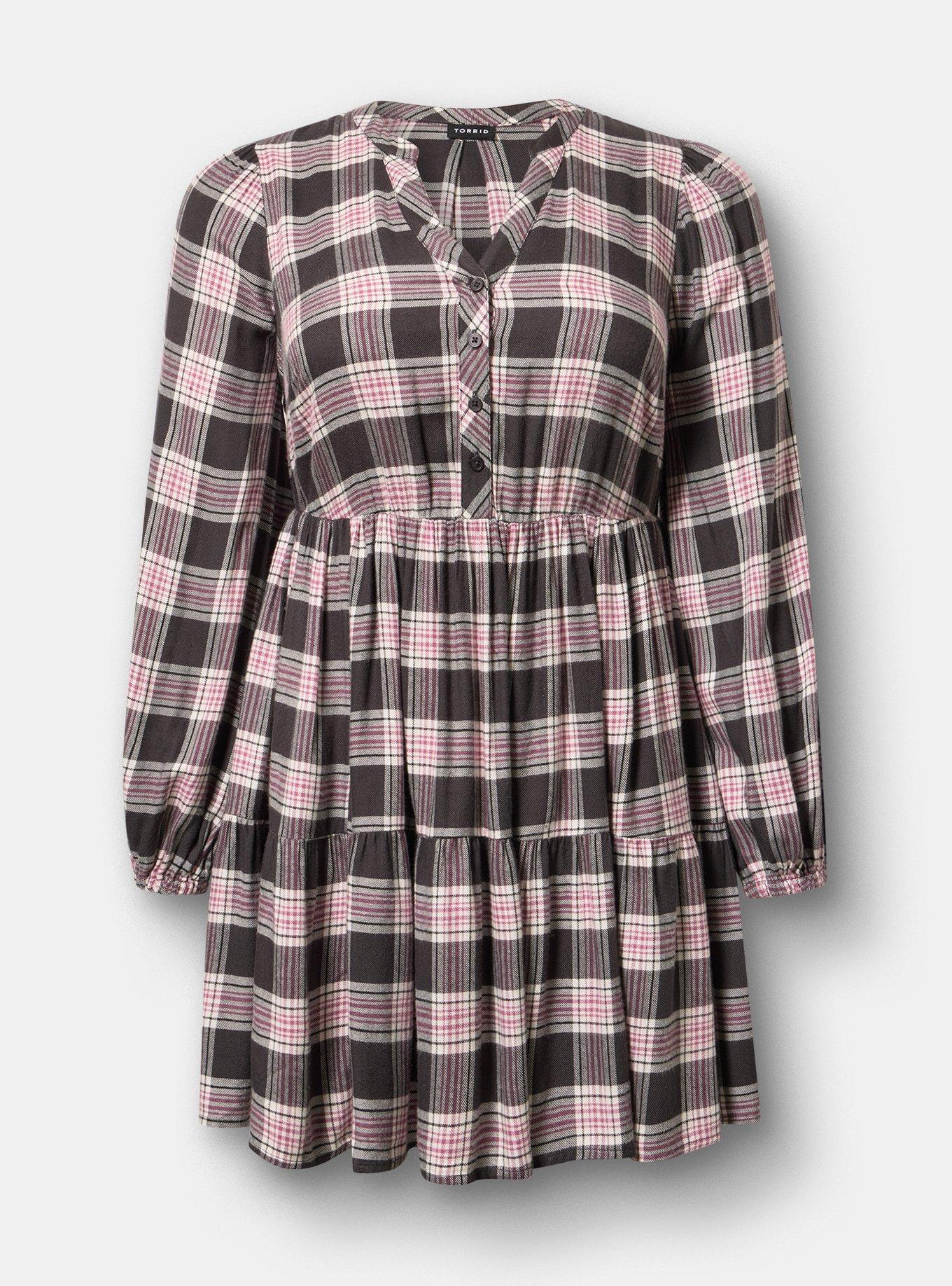 Y-Neck Tiered Mini Dress, JACKSON PLAID GRAY, flat