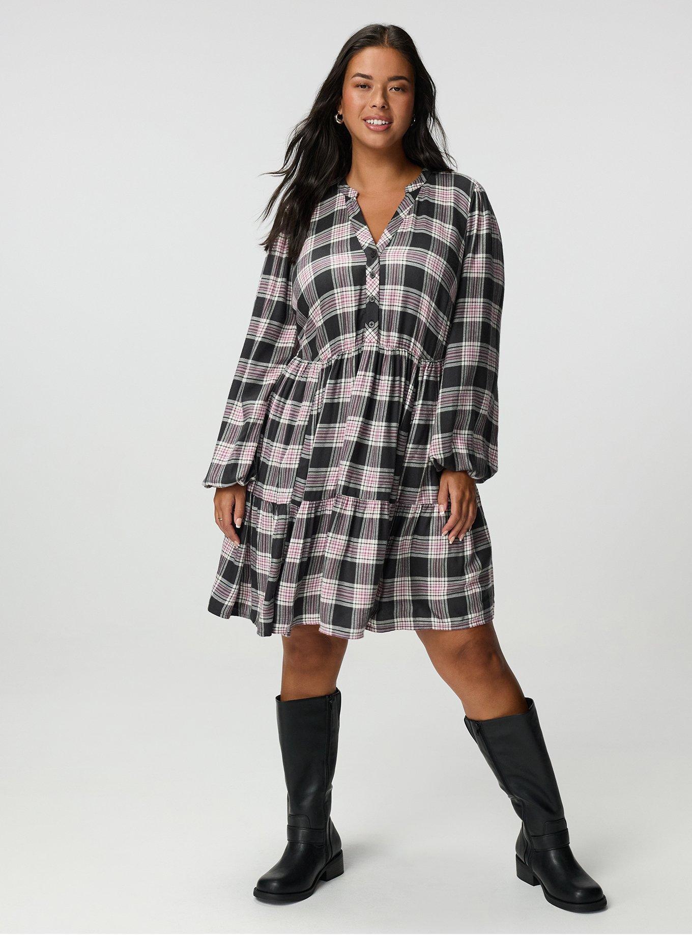 Y-Neck Tiered Mini Dress, JACKSON PLAID GRAY, hi-res