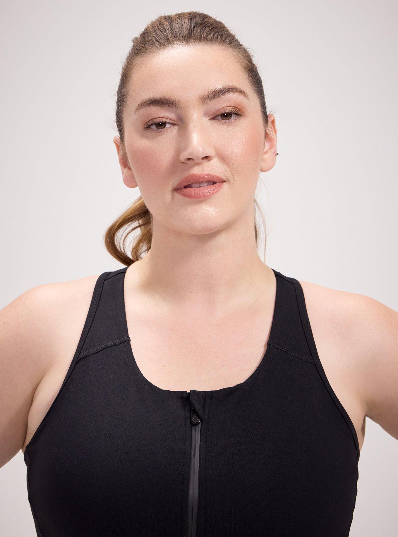 Low-Impact Wireless Zip-Front Active Sports Bra, DEEP BLACK, alternate