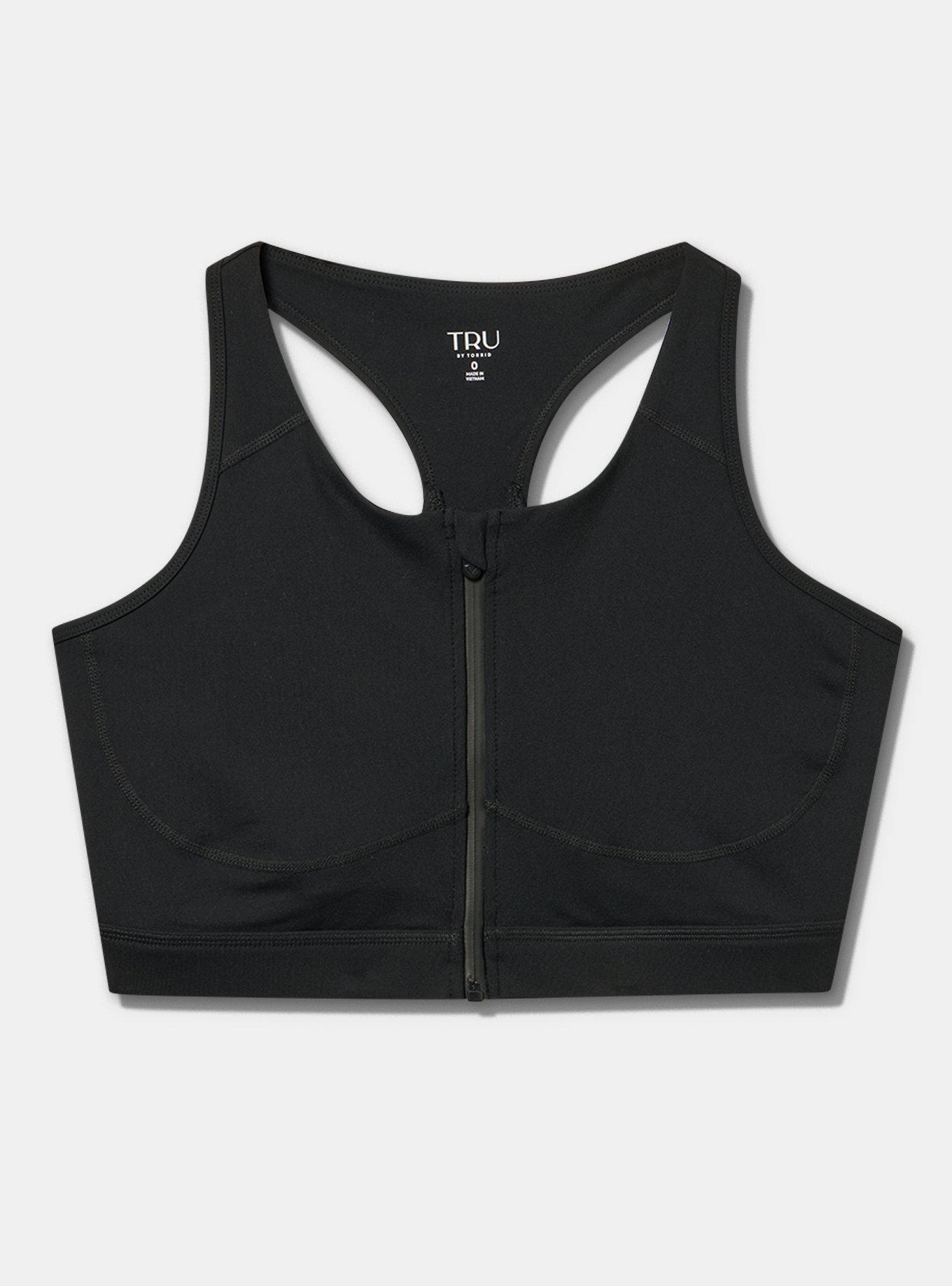Low-Impact Wireless Zip-Front Active Sports Bra, DEEP BLACK, flat
