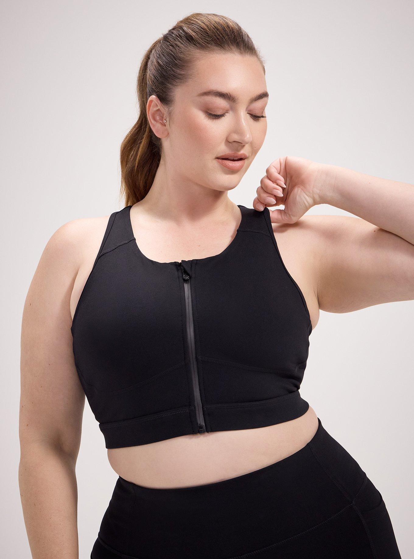 Low-Impact Wireless Zip-Front Active Sports Bra, DEEP BLACK, hi-res