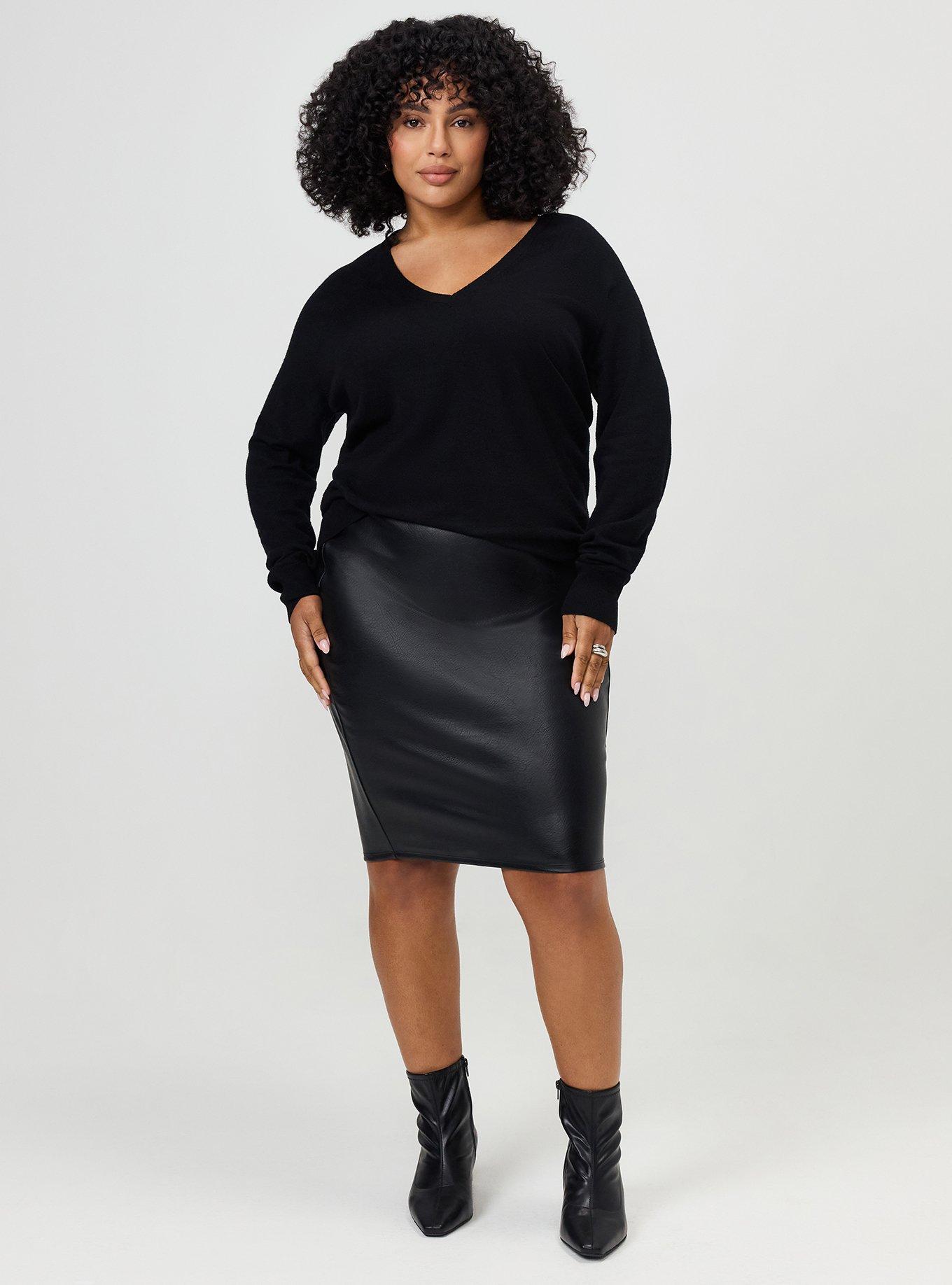 Plus Size Pencil Midi Skirt, DEEP BLACK, alternate