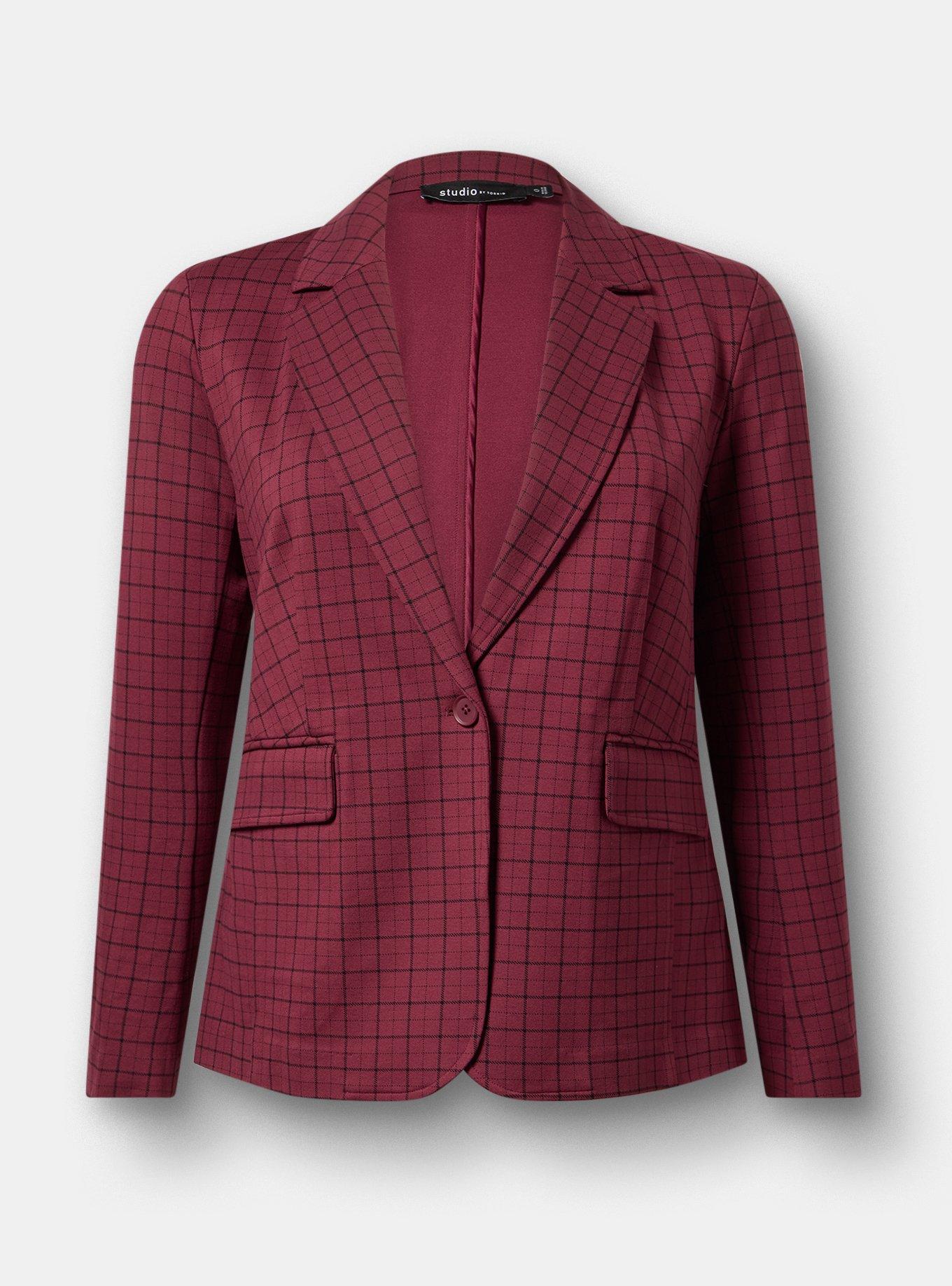 Luxe Tailored Ponte Blazer, ROCKWELL PLAID MAROON BANNER, flat