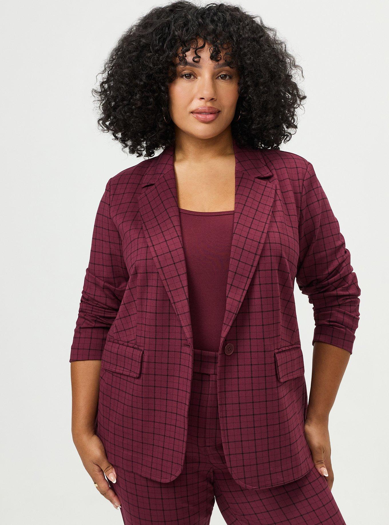 Luxe Tailored Ponte Blazer, ROCKWELL PLAID MAROON BANNER, hi-res
