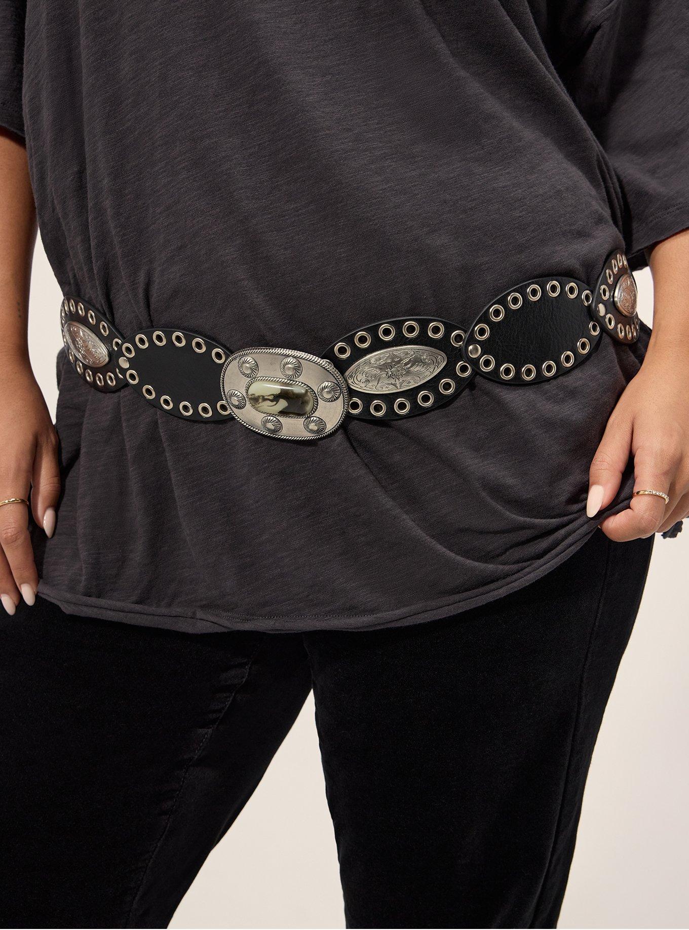 Plus Size Oval Medallion Western Belt, BLACK, alternate