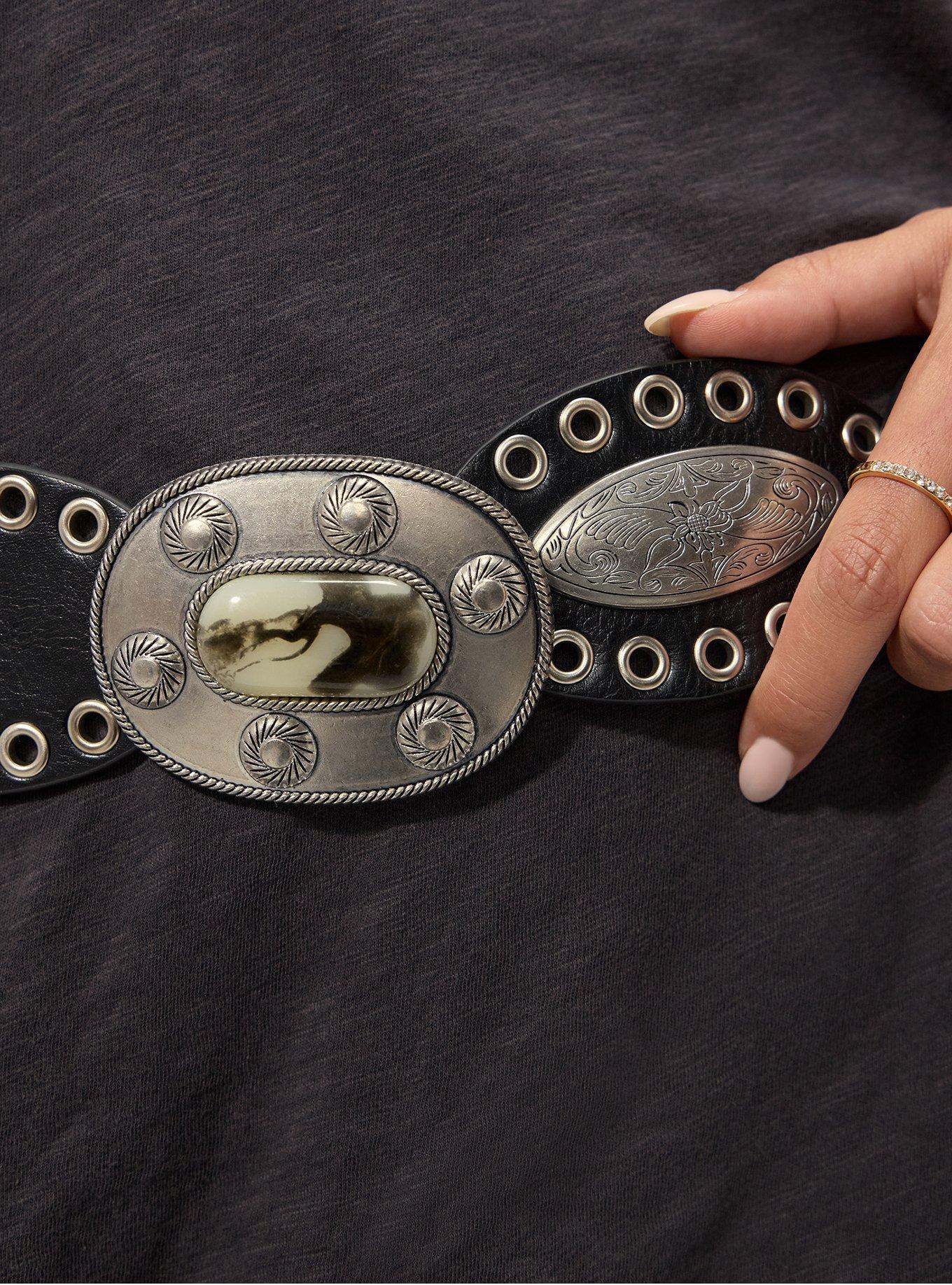 Plus Size Oval Medallion Western Belt, BLACK, alternate