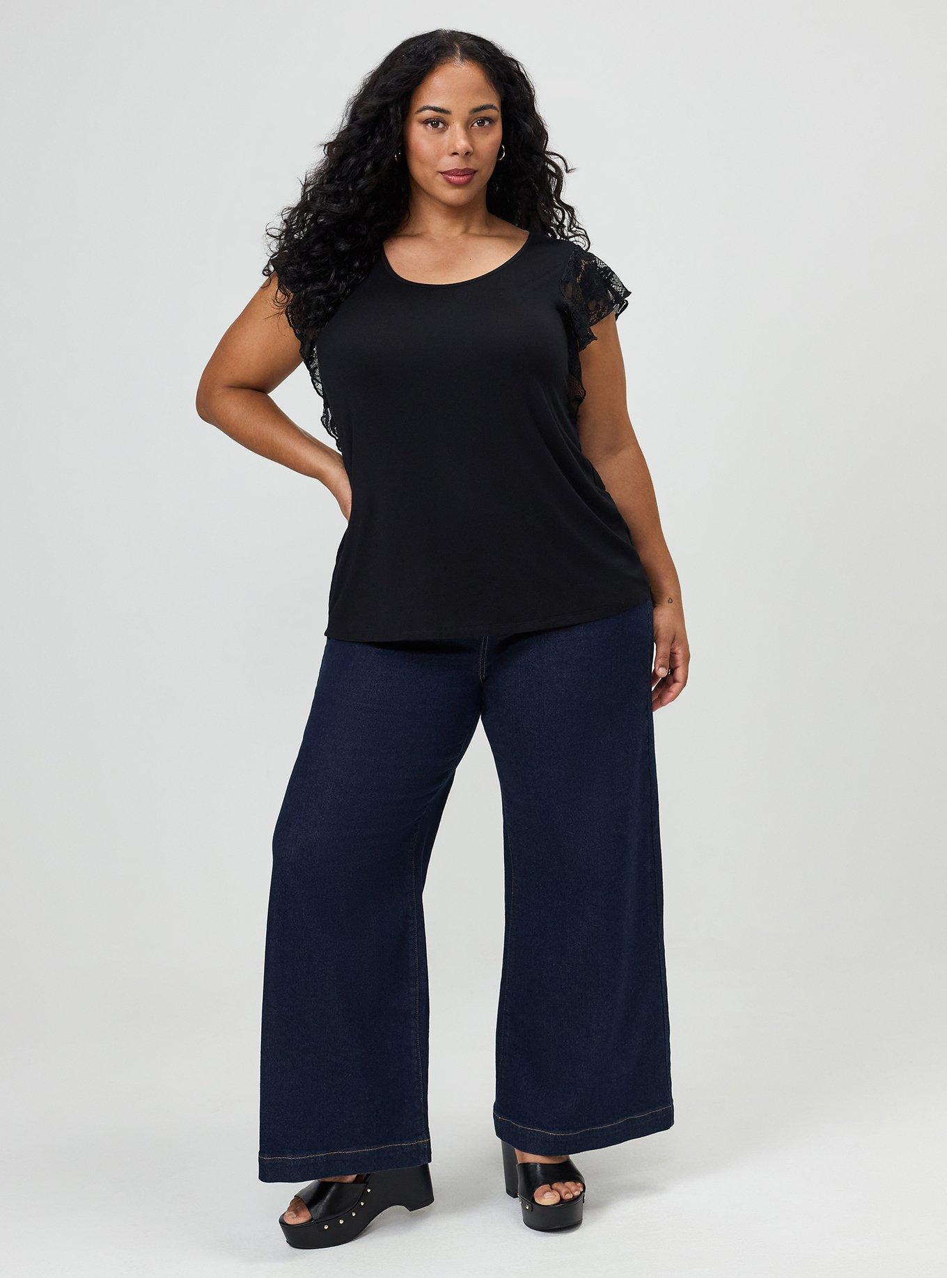 Super Soft Crew Lace Flutter Sleeve Top, DEEP BLACK, alternate