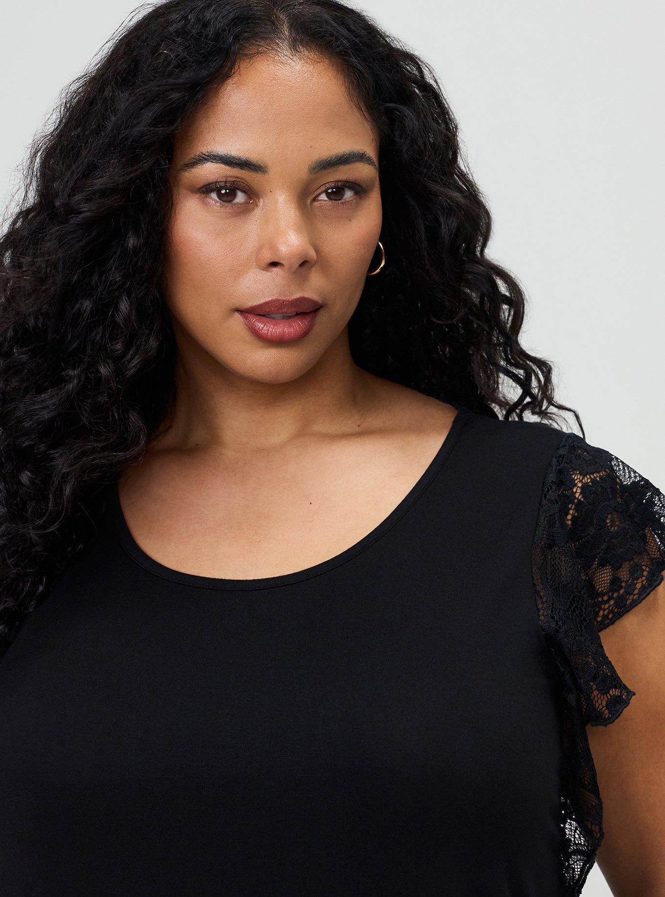 Super Soft Crew Lace Flutter Sleeve Top, DEEP BLACK, alternate