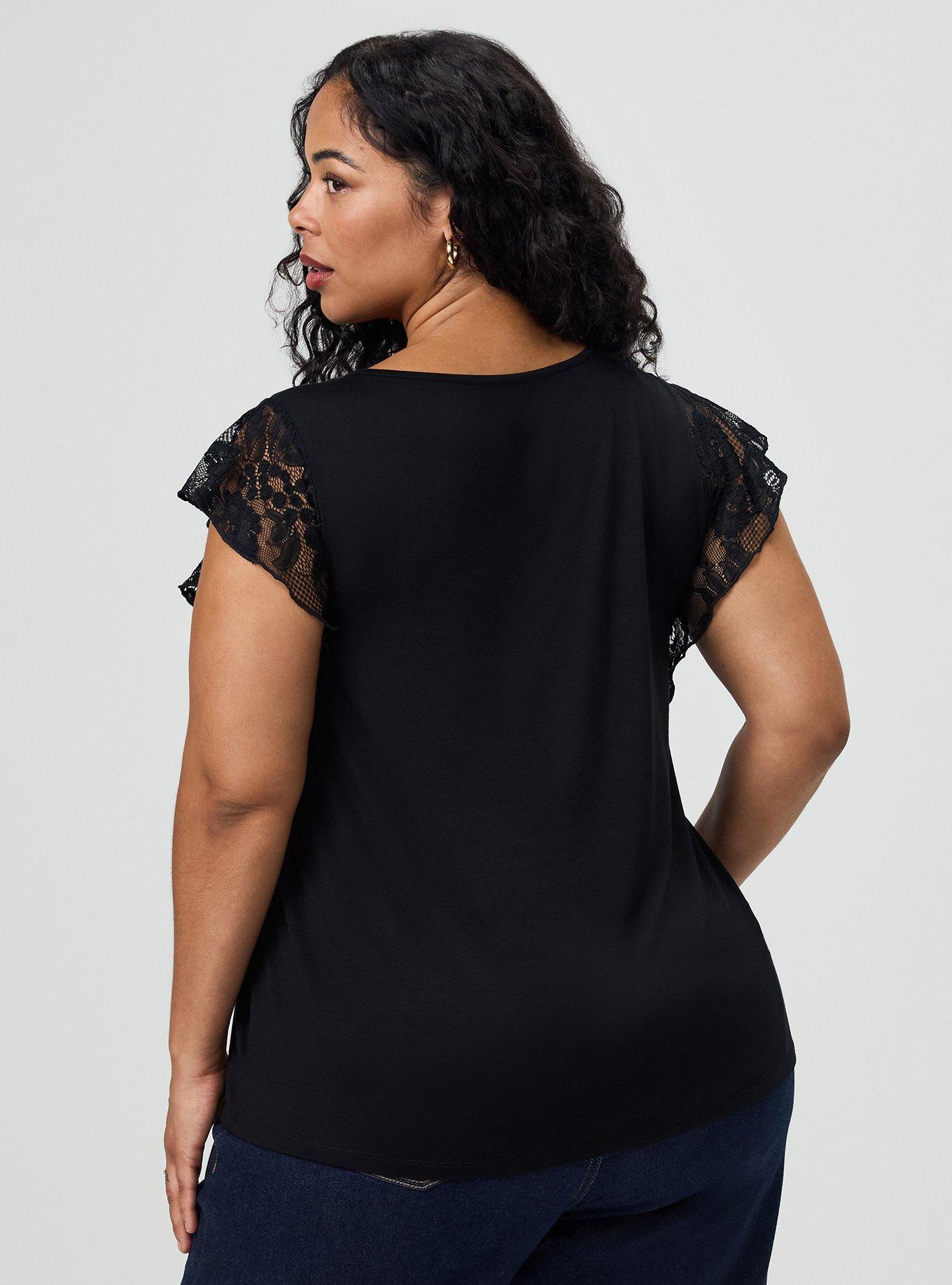Super Soft Crew Lace Flutter Sleeve Top, DEEP BLACK, alternate