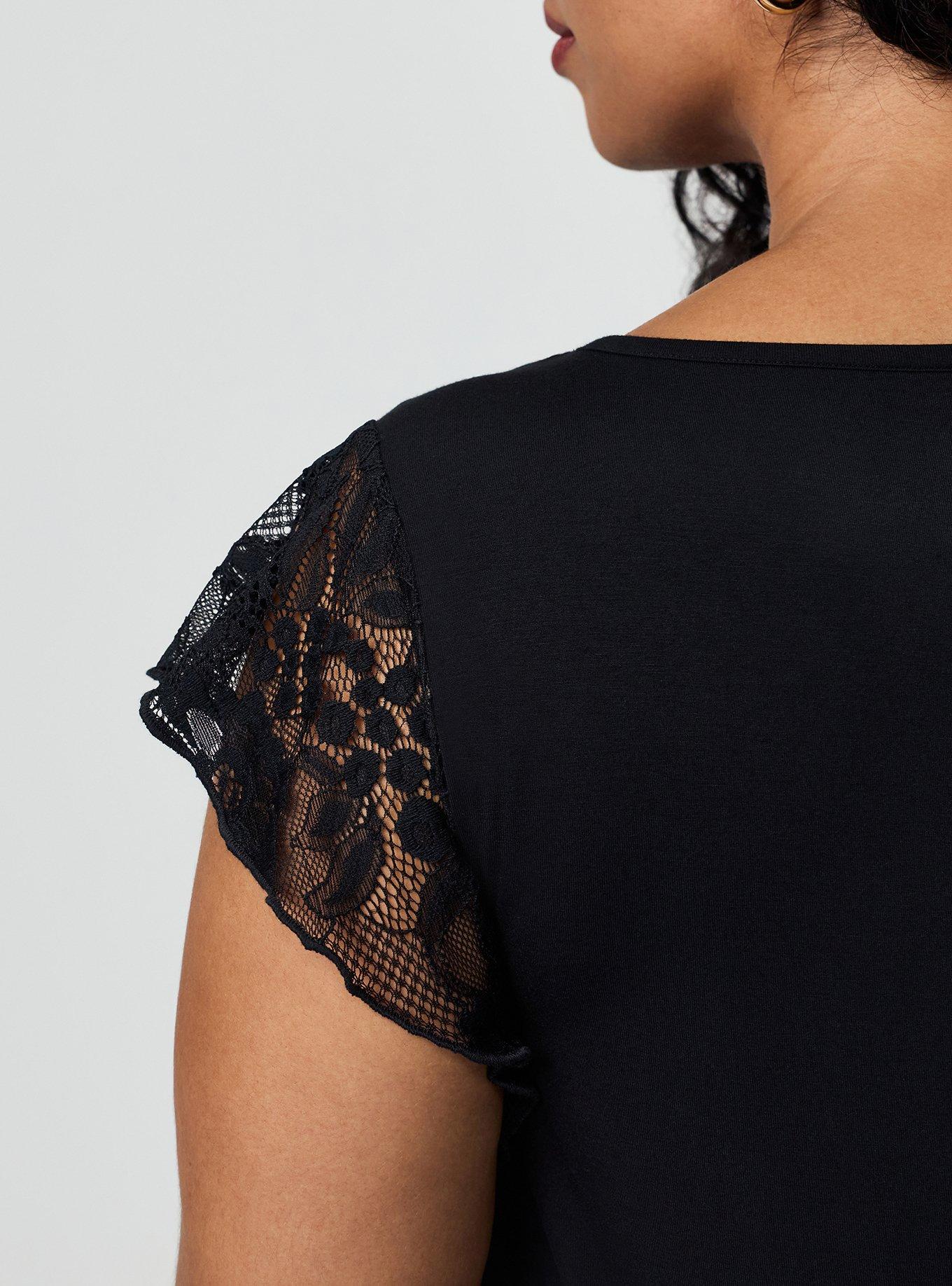 Super Soft Crew Lace Flutter Sleeve Top, DEEP BLACK, alternate
