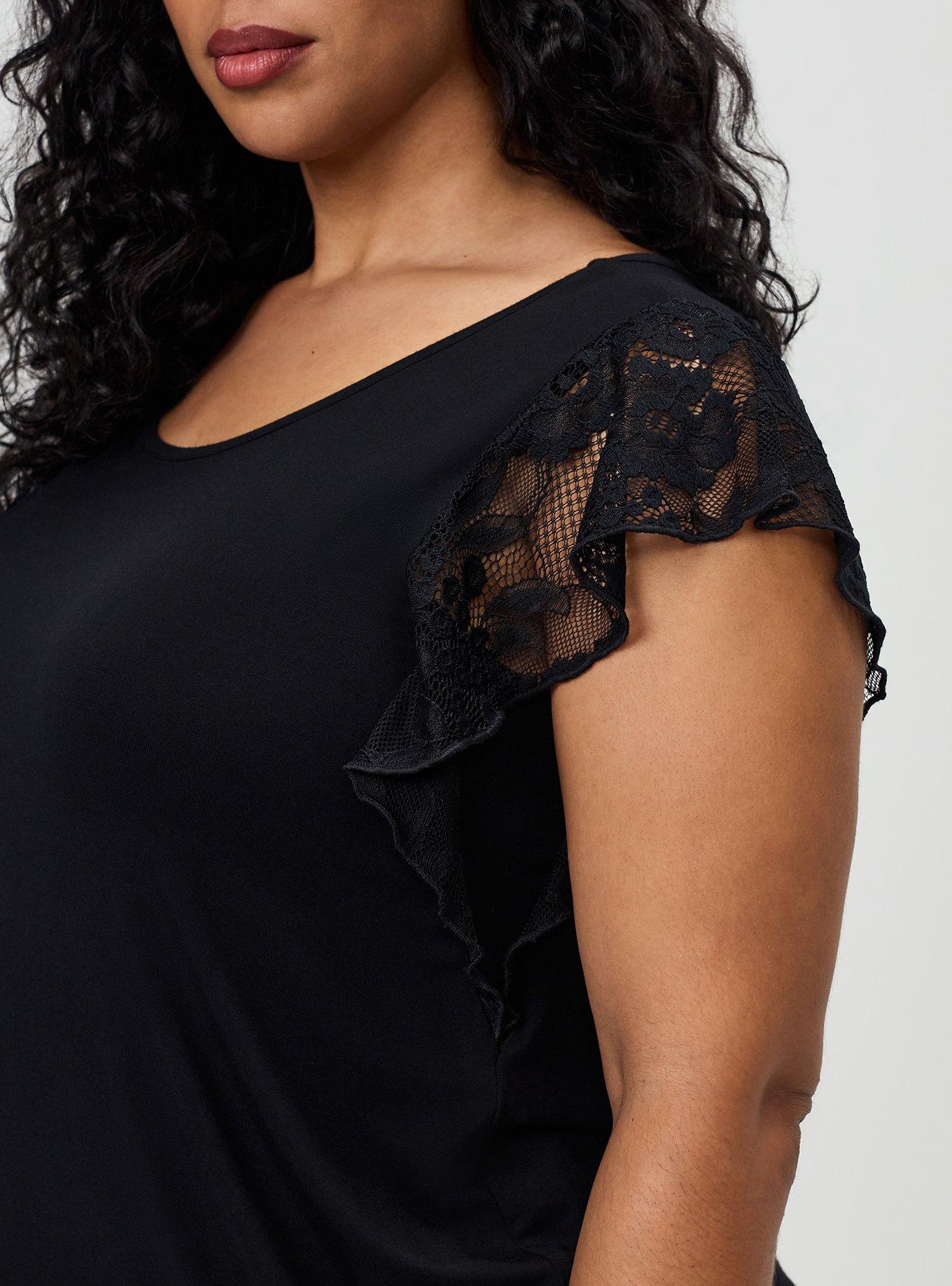 Super Soft Crew Lace Flutter Sleeve Top, DEEP BLACK, alternate