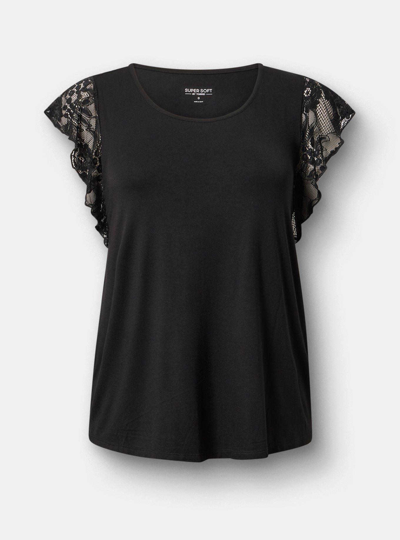 Super Soft Crew Lace Flutter Sleeve Top, DEEP BLACK, hi-res