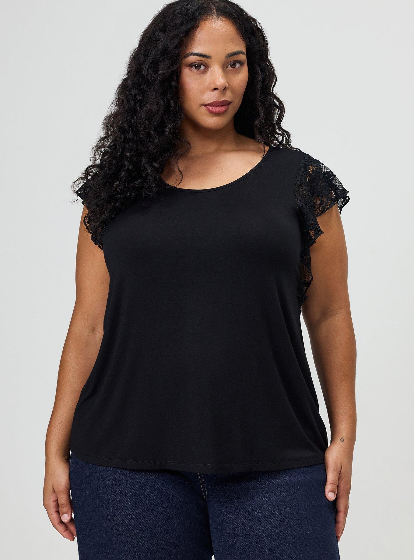 Super Soft Crew Lace Flutter Sleeve Top, DEEP BLACK, hi-res