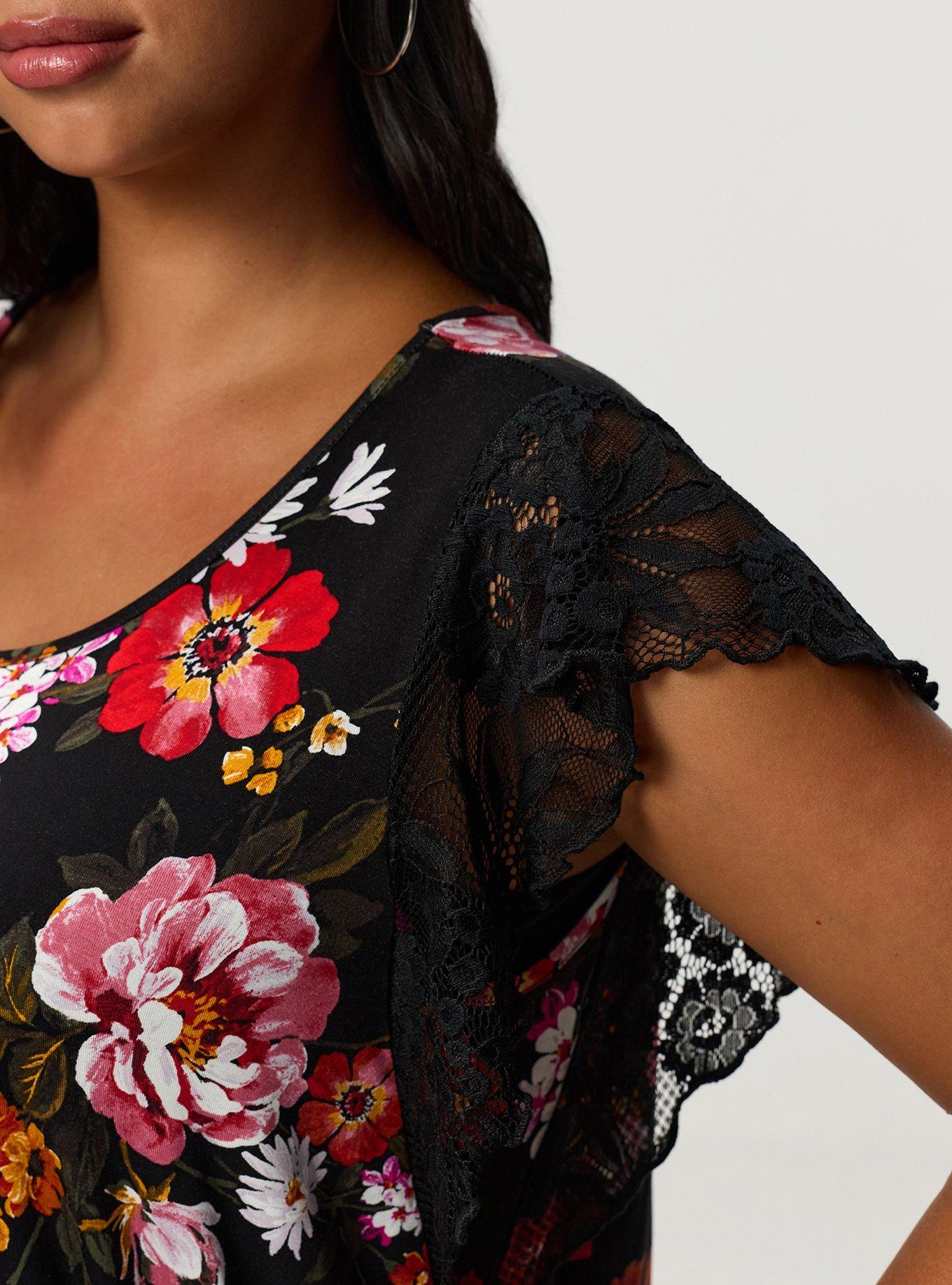 Super Soft Crew Lace Flutter Sleeve Top, CLASSICAL FLORAL BLACK, alternate