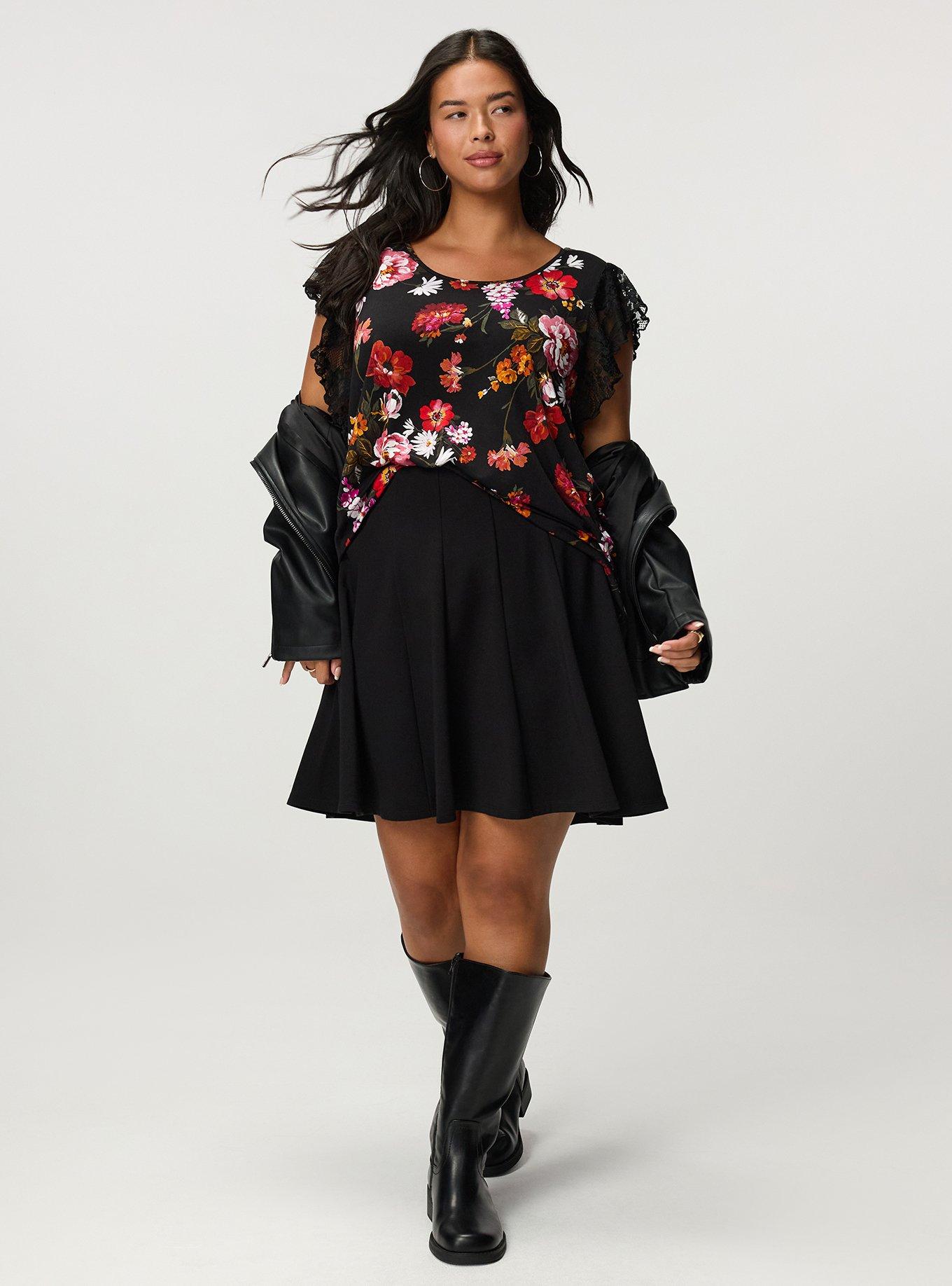 Super Soft Crew Lace Flutter Sleeve Top, CLASSICAL FLORAL BLACK, alternate