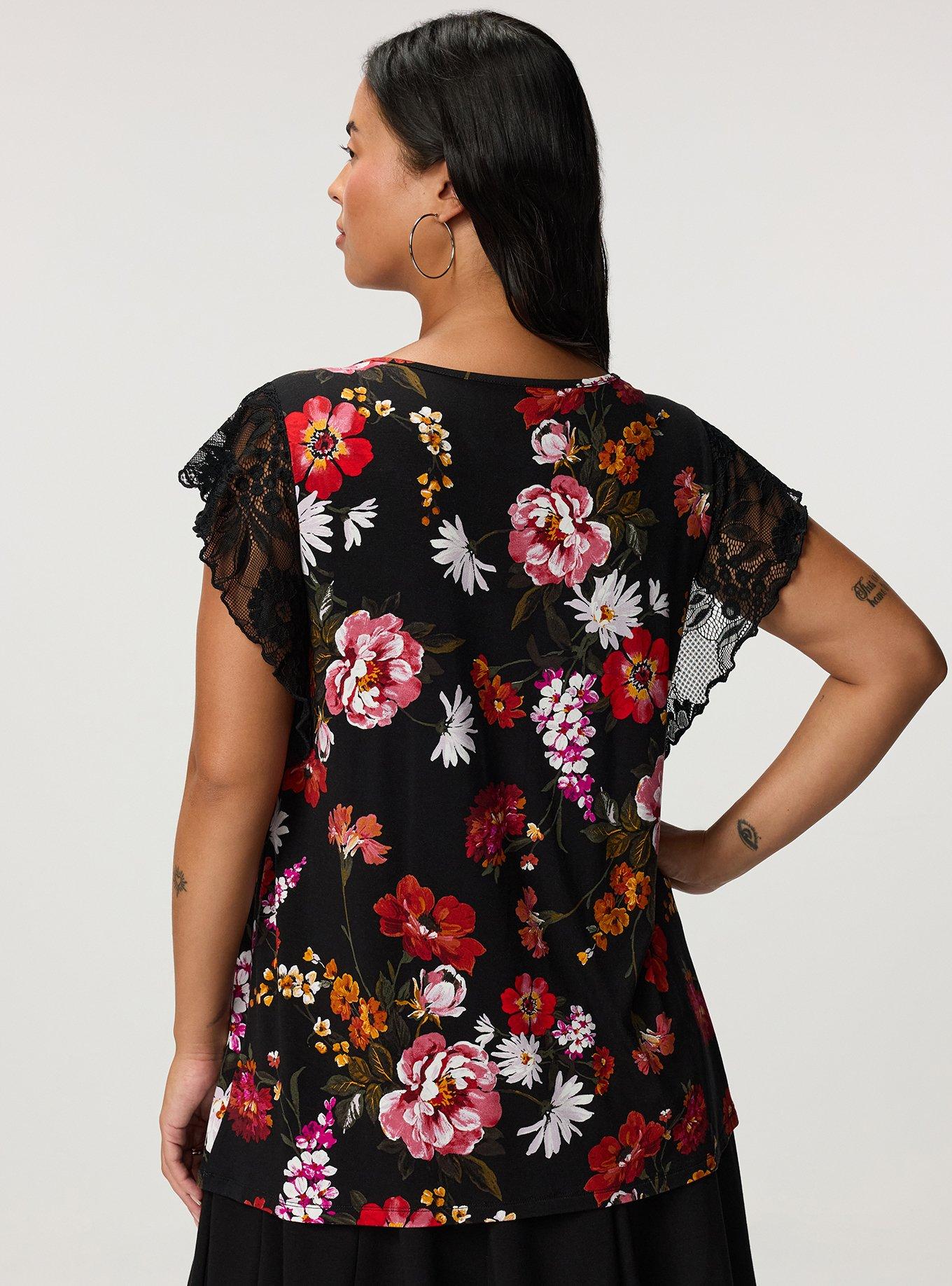 Super Soft Crew Lace Flutter Sleeve Top, CLASSICAL FLORAL BLACK, alternate