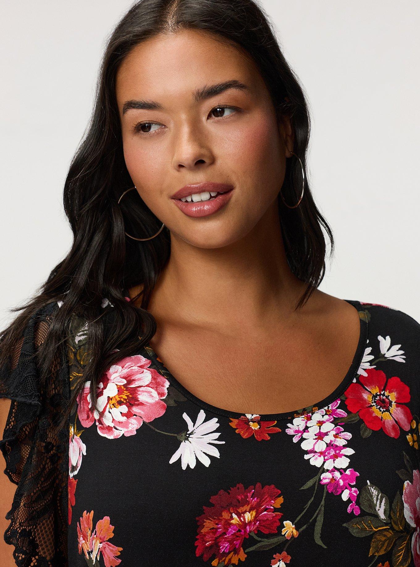 Super Soft Crew Lace Flutter Sleeve Top, CLASSICAL FLORAL BLACK, alternate