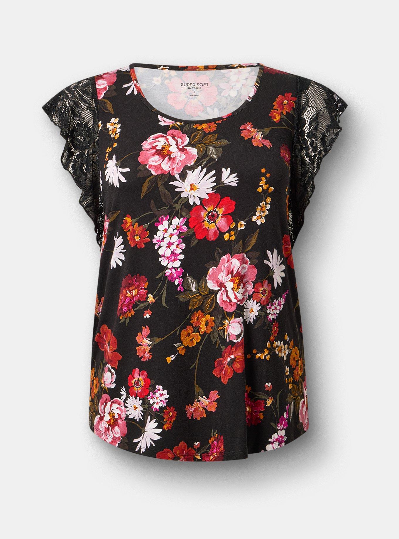 Super Soft Crew Lace Flutter Sleeve Top, CLASSICAL FLORAL BLACK, flat