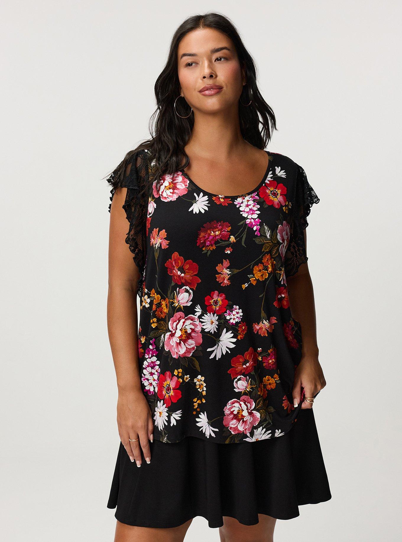 Super Soft Crew Lace Flutter Sleeve Top, CLASSICAL FLORAL BLACK, hi-res