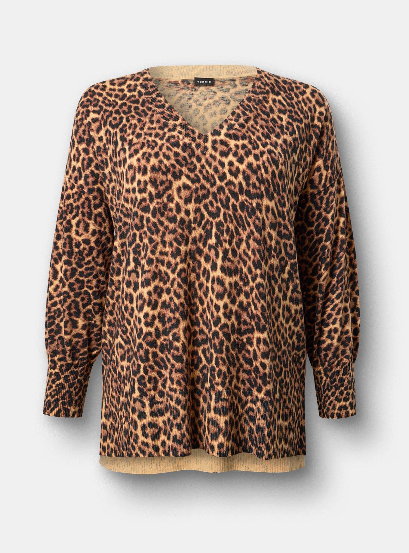 Drop Shoulder V-Neck Tunic Sweater, ON THE PROWL LEOPARD MULTI, flat