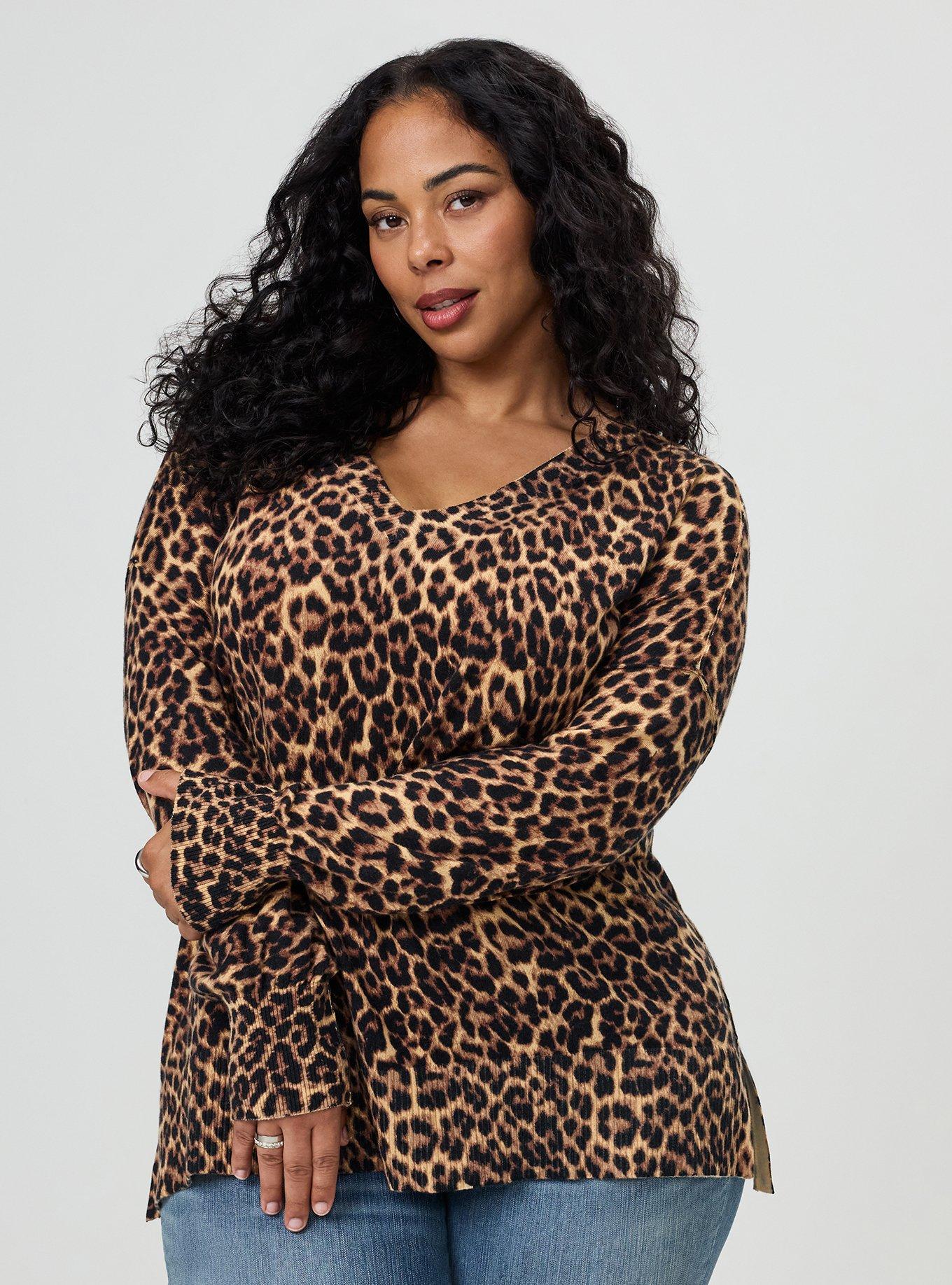 Drop Shoulder V-Neck Tunic Sweater, ON THE PROWL LEOPARD MULTI, hi-res