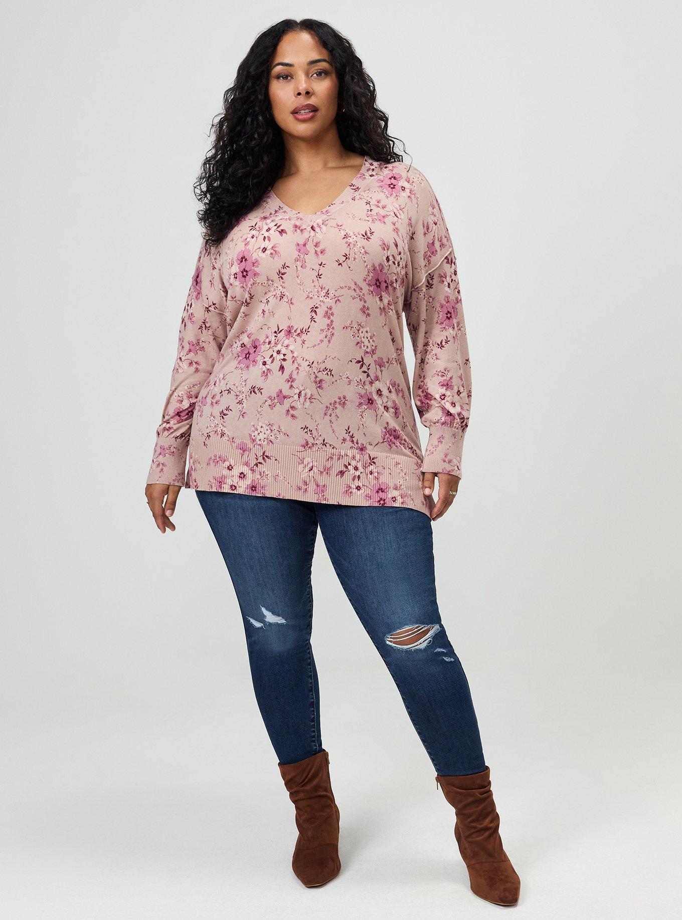 Drop Shoulder V-Neck Tunic Sweater, GRACEY FLORAL PEACH, alternate