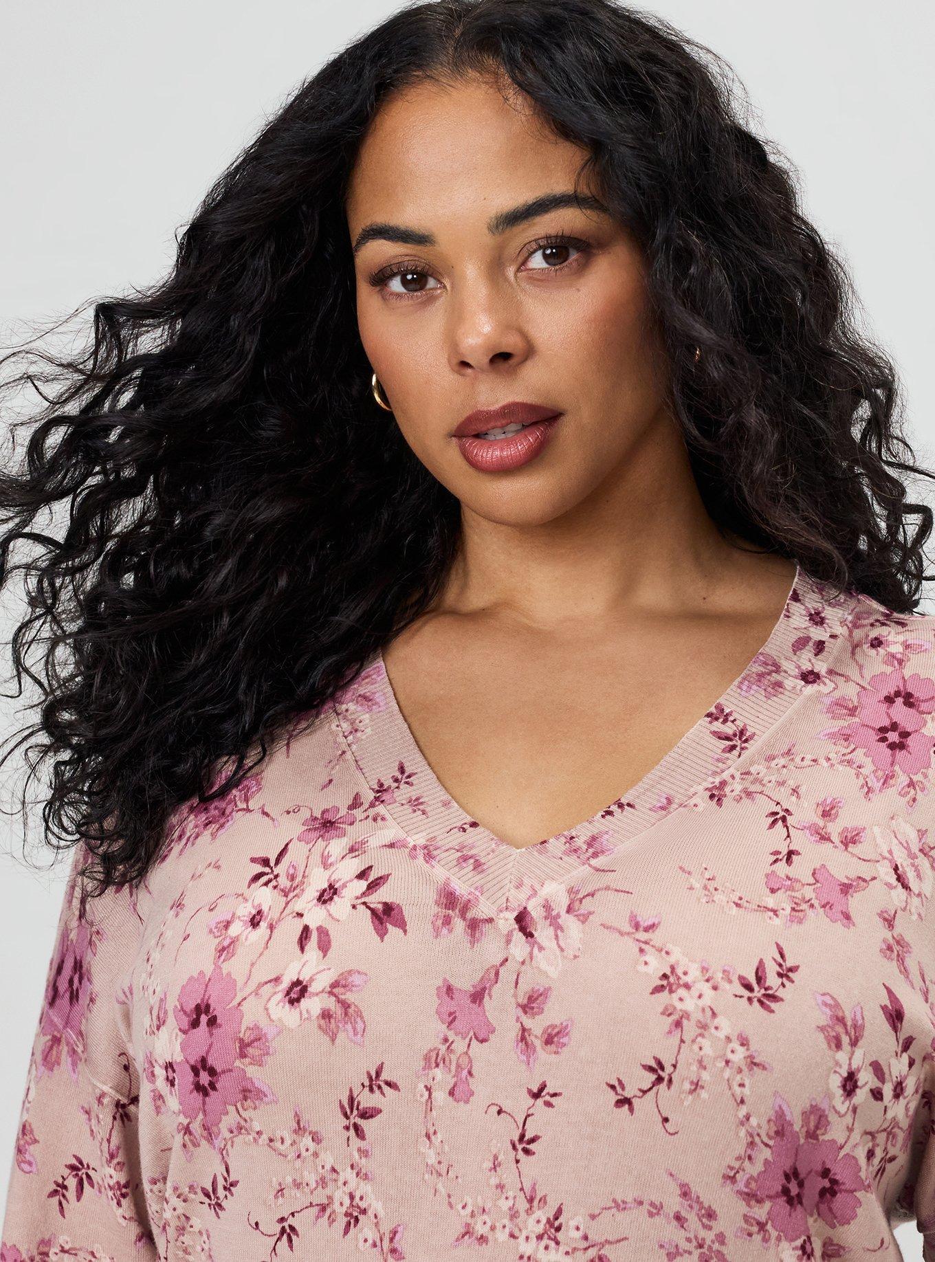 Drop Shoulder V-Neck Tunic Sweater, GRACEY FLORAL PEACH, alternate