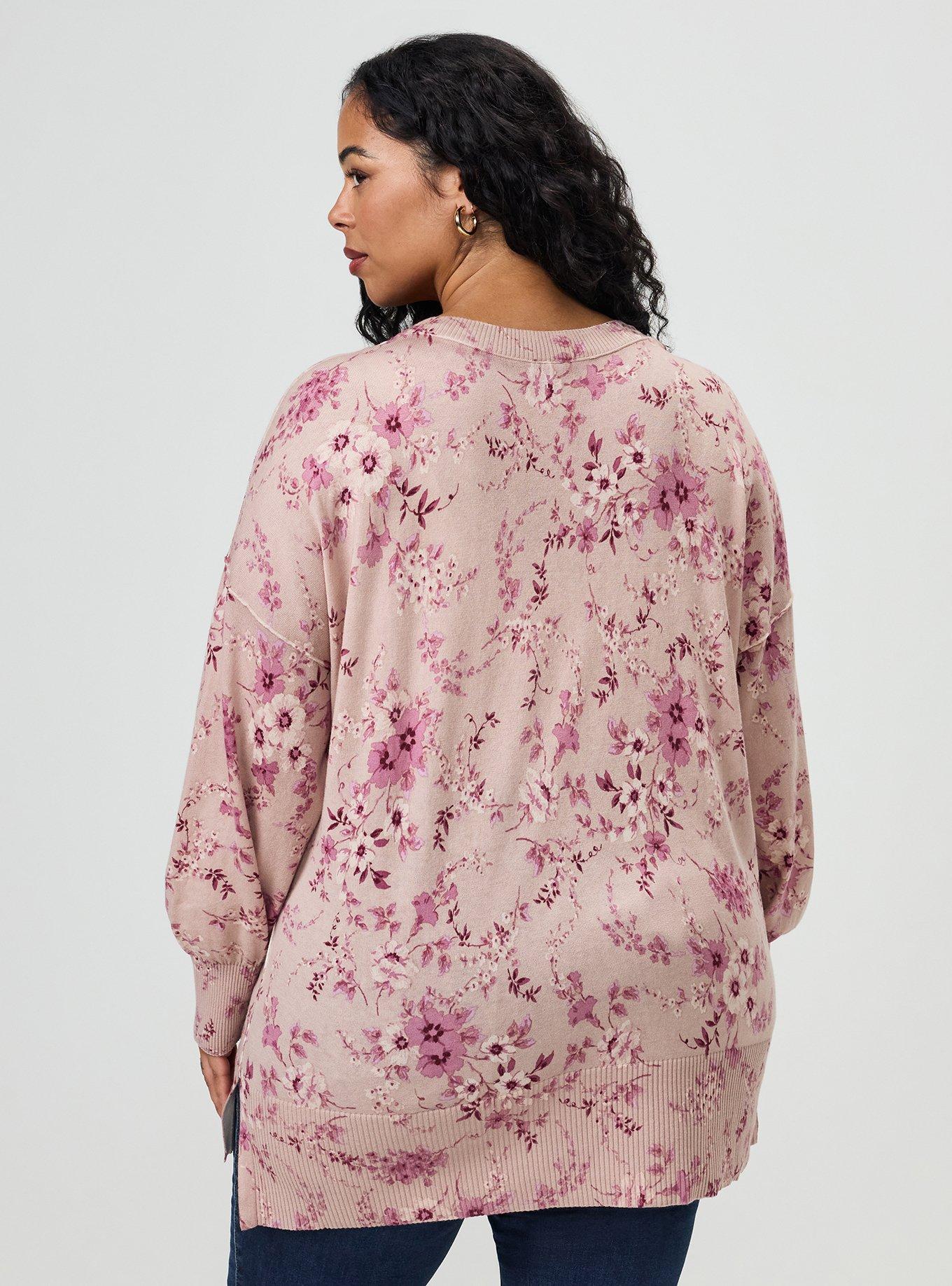 Drop Shoulder V-Neck Tunic Sweater, GRACEY FLORAL PEACH, alternate