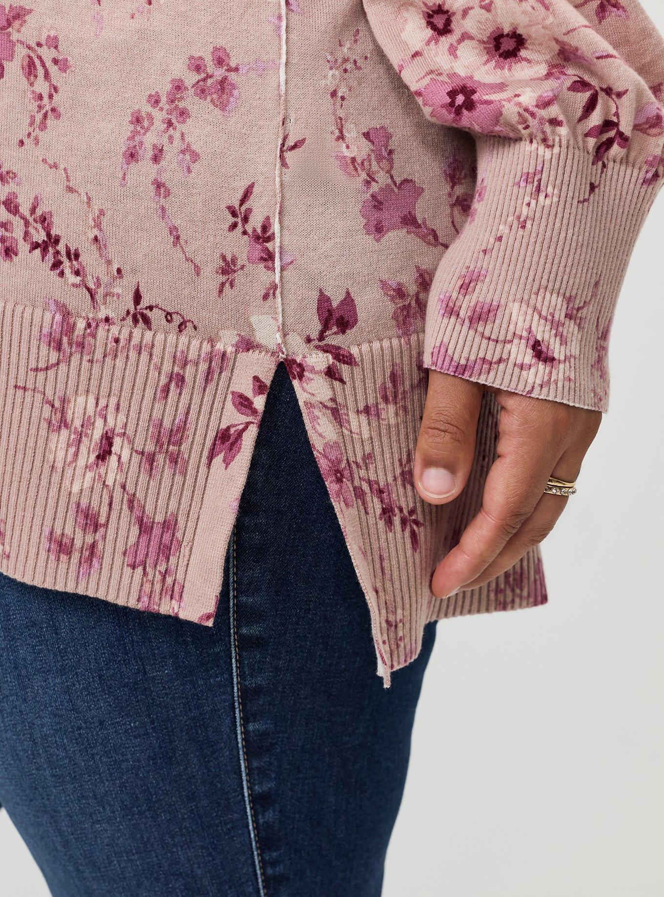 Drop Shoulder V-Neck Tunic Sweater, GRACEY FLORAL PEACH, alternate