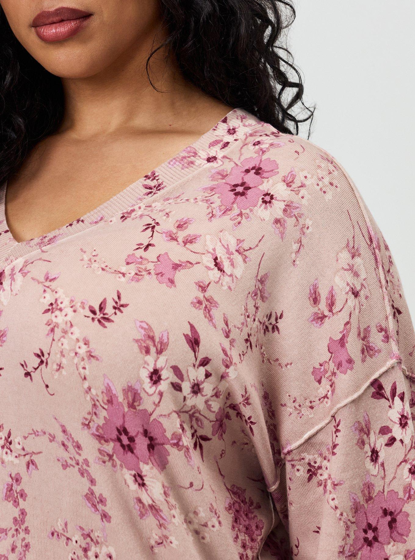 Drop Shoulder V-Neck Tunic Sweater, GRACEY FLORAL PEACH, alternate