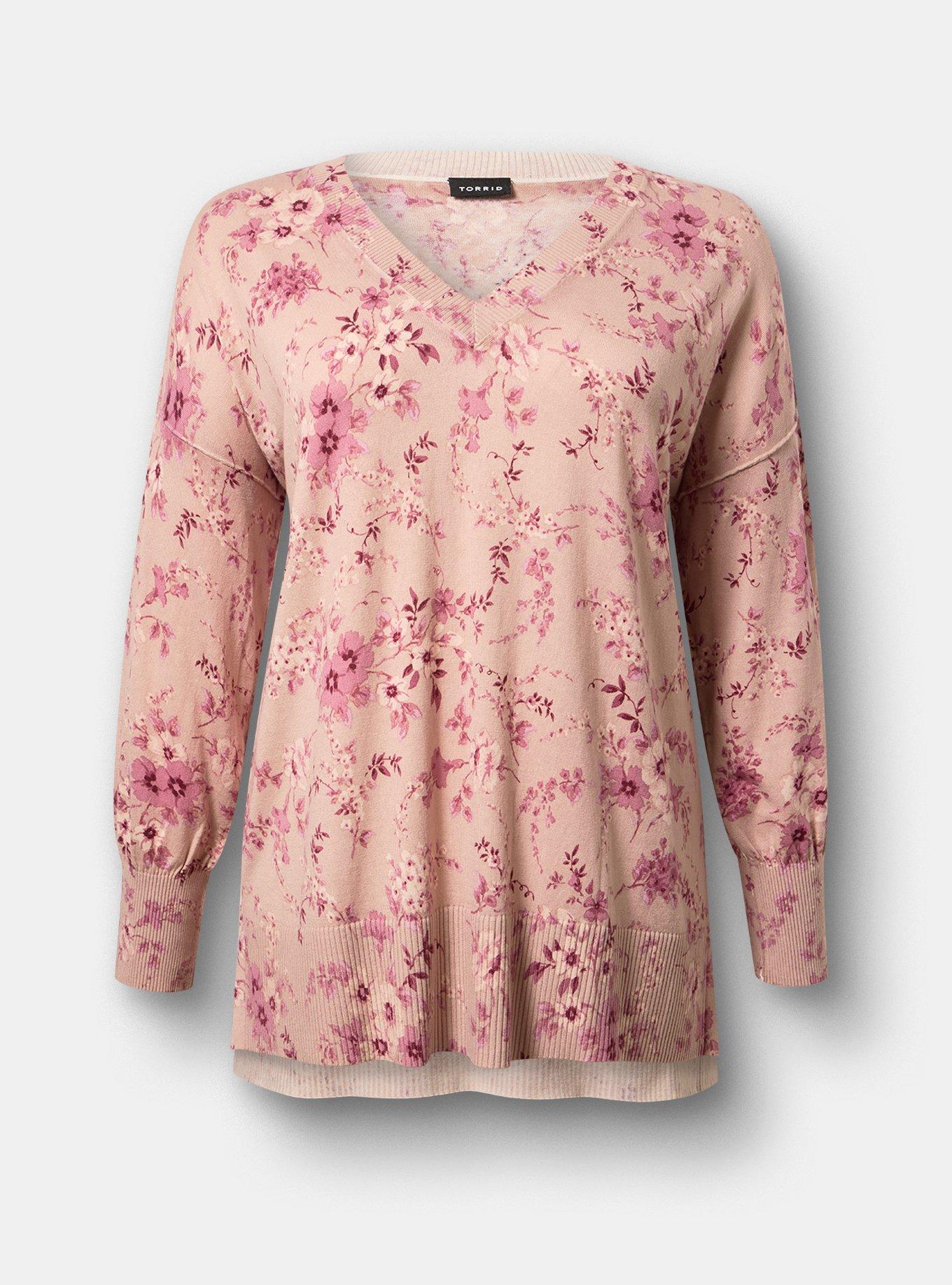 Drop Shoulder V-Neck Tunic Sweater, GRACEY FLORAL PEACH, flat