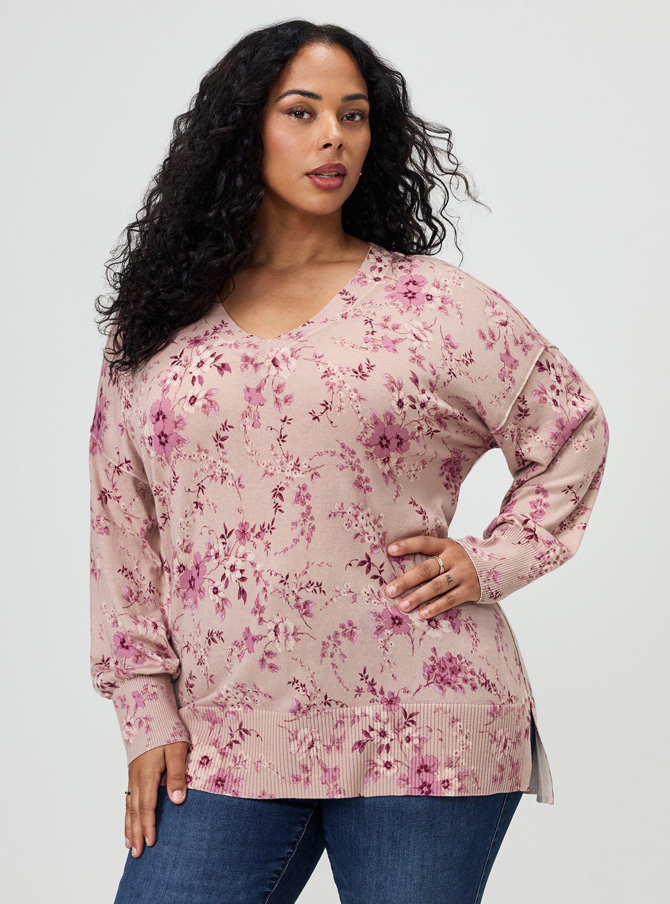 Drop Shoulder V-Neck Tunic Sweater, GRACEY FLORAL PEACH, hi-res