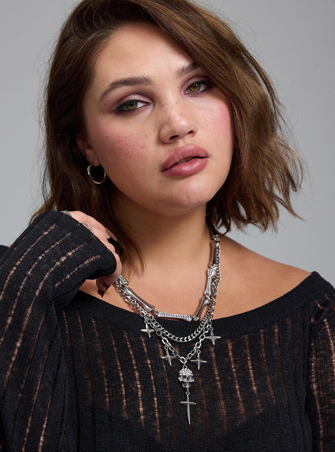 Plus Size Skull Rhinestone Necklace, , alternate