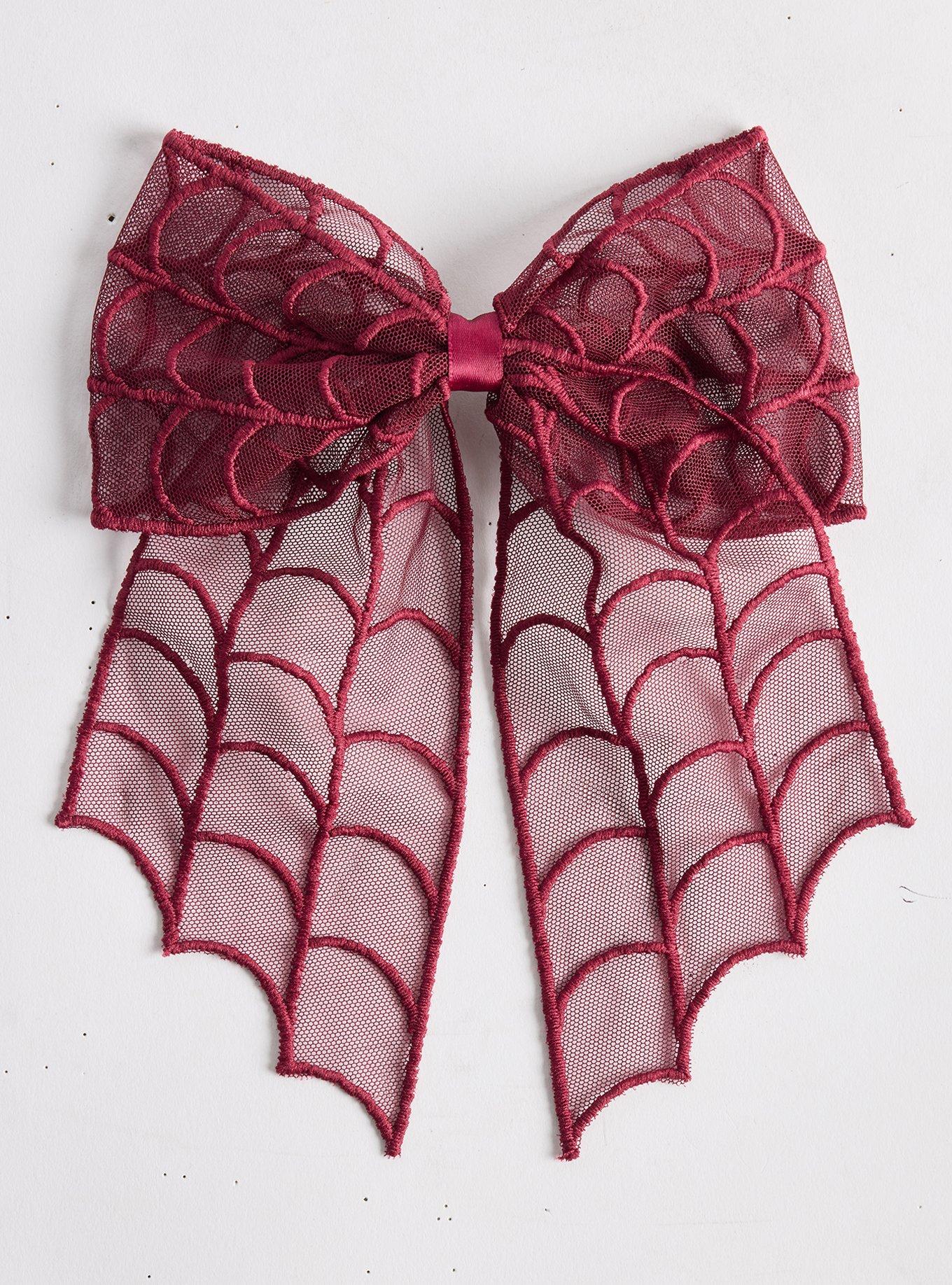 Plus Size Spider Web Bow Barrette, BURGUNDY, hi-res
