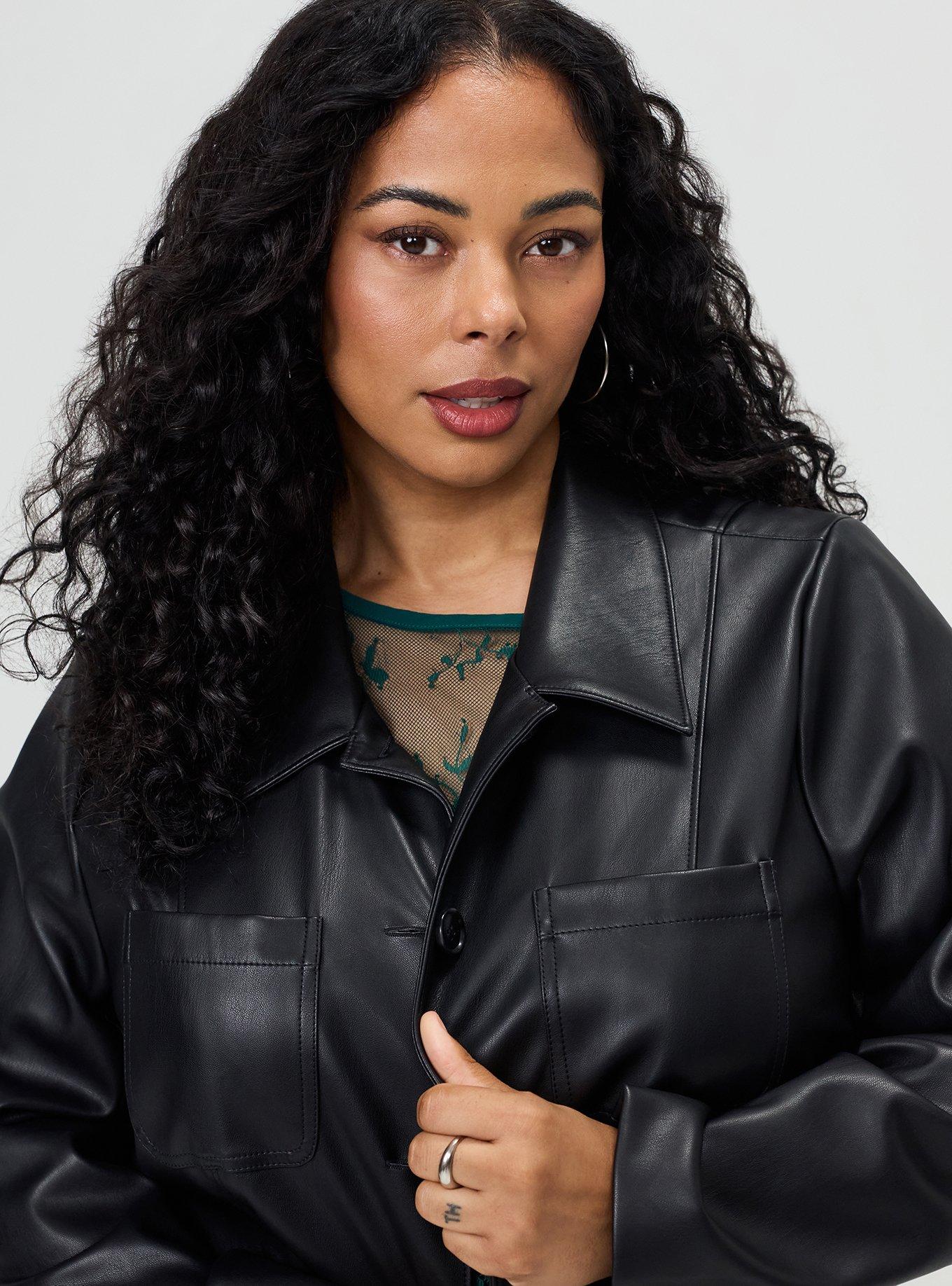 Patch Pocket Faux Leather Military Jacket, DEEP BLACK, alternate