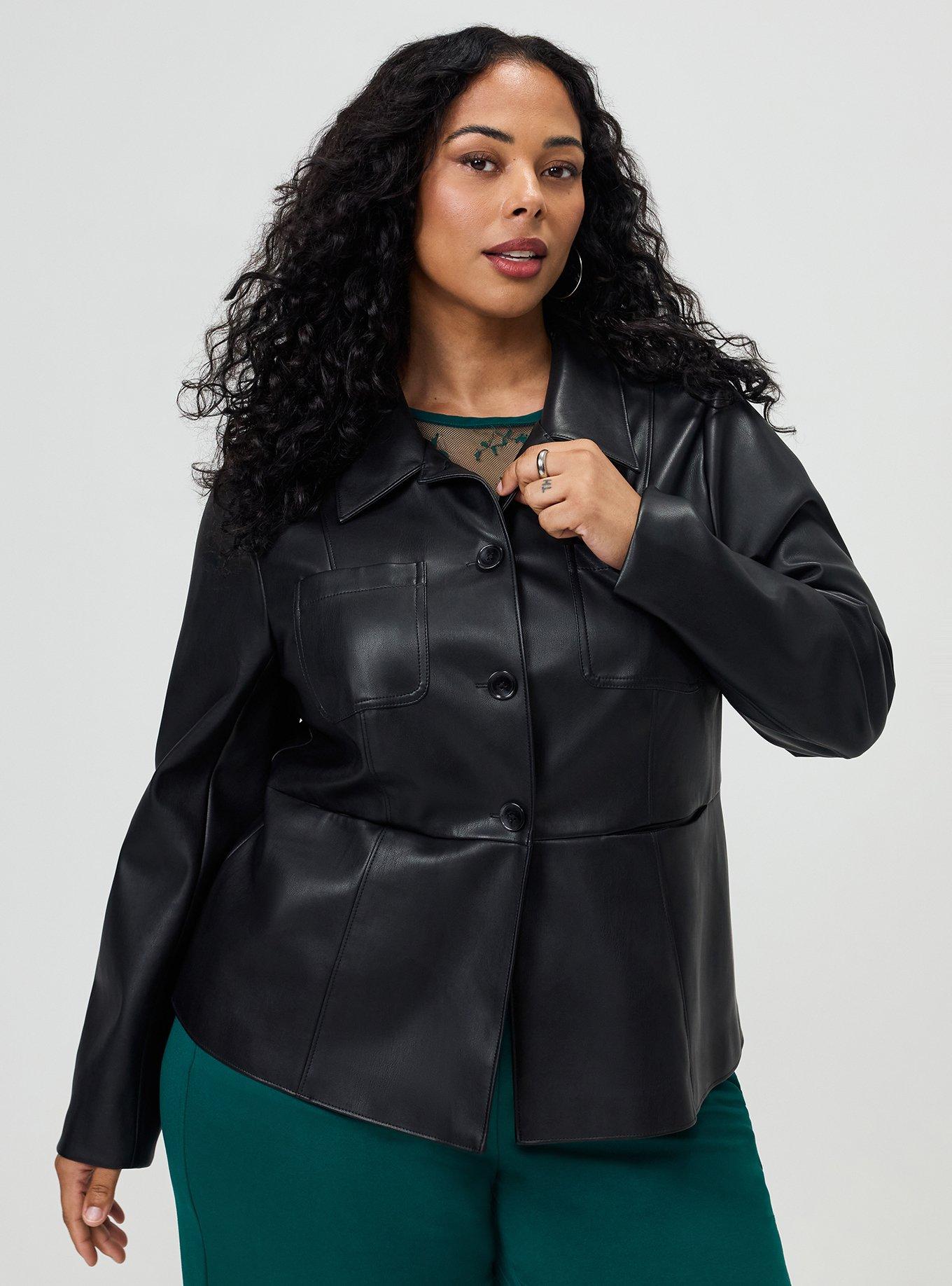 Patch Pocket Faux Leather Military Jacket, DEEP BLACK, alternate