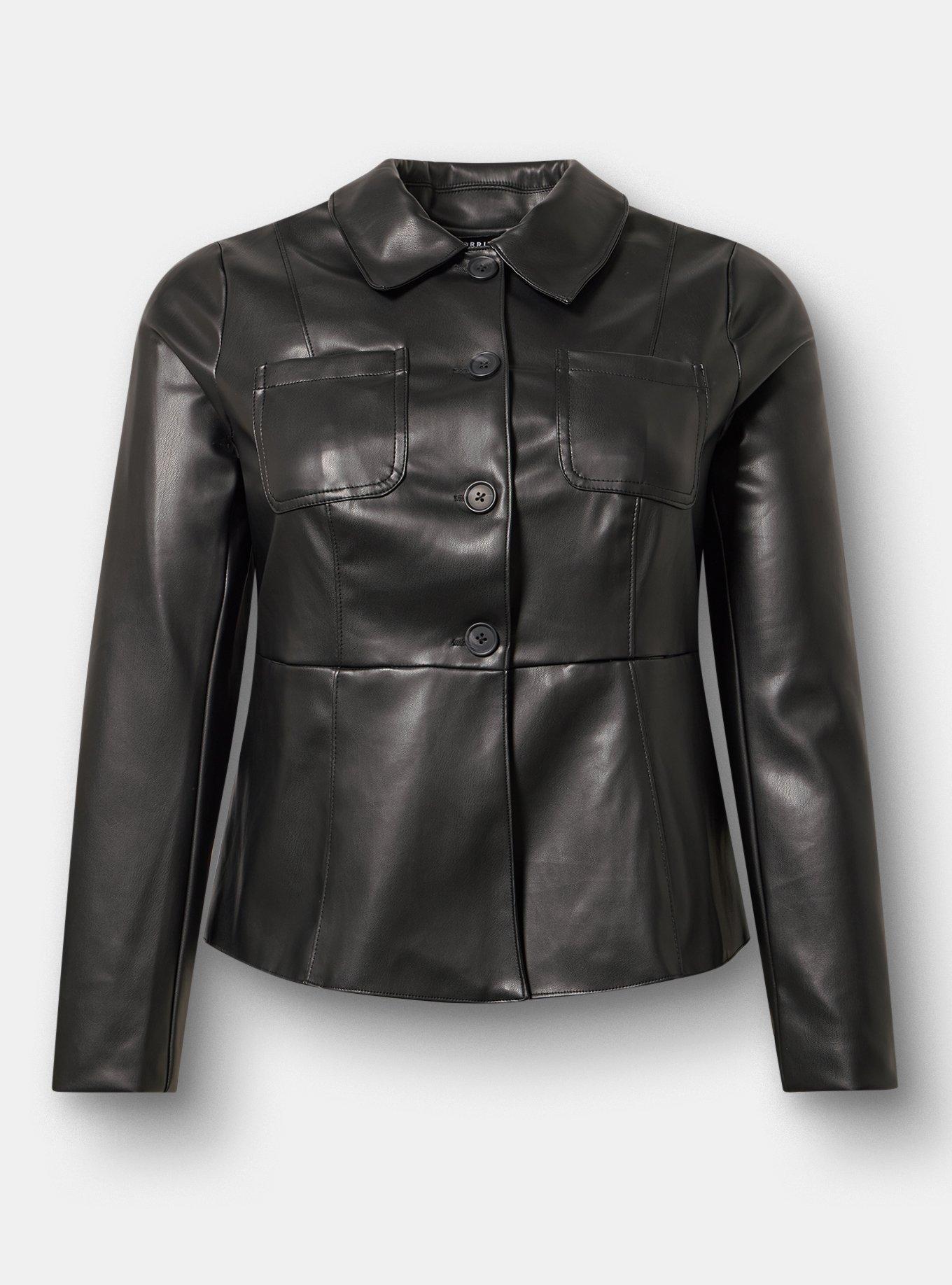 Patch Pocket Faux Leather Military Jacket, DEEP BLACK, flat