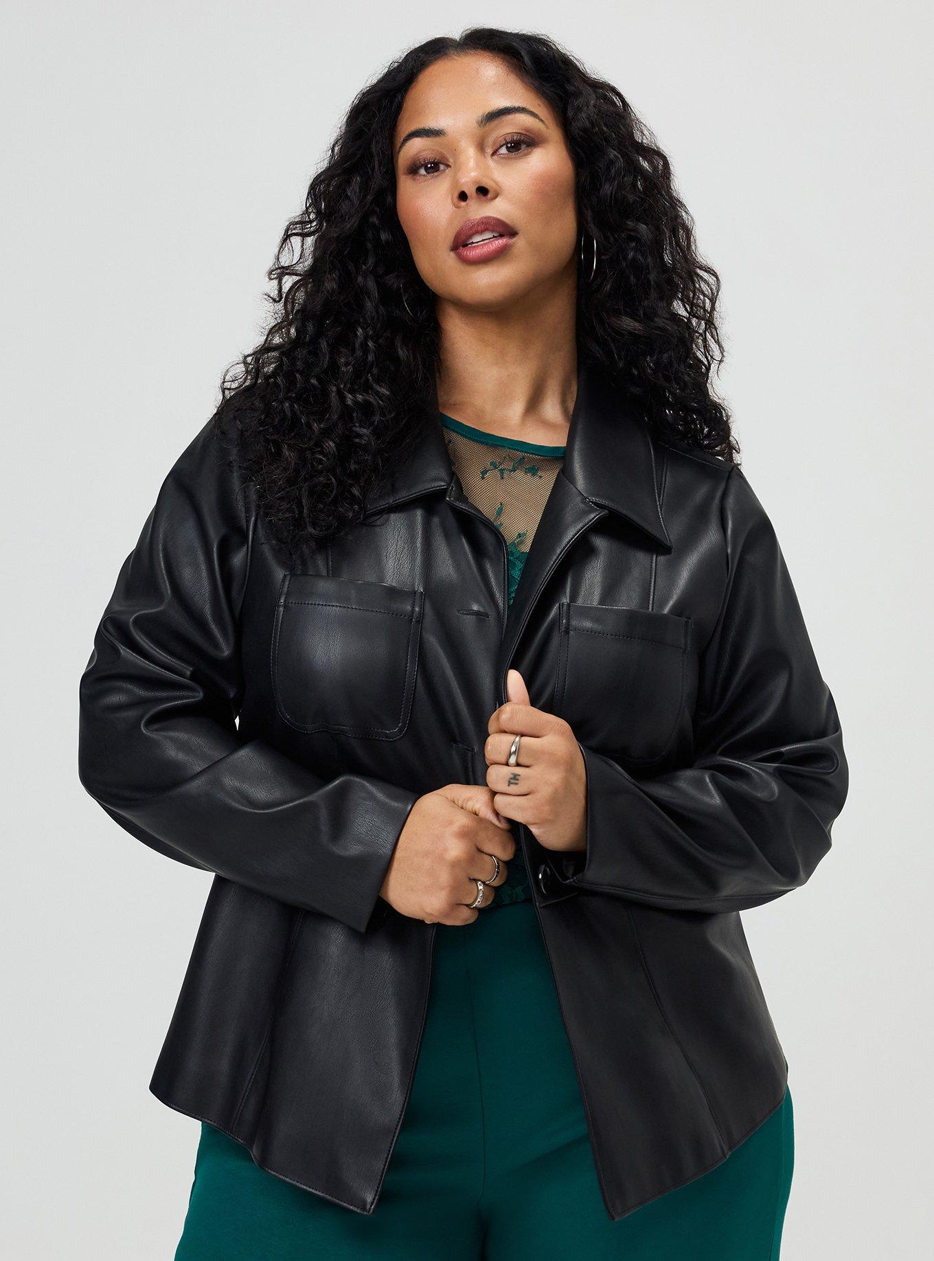 Patch Pocket Faux Leather Military Jacket, DEEP BLACK, hi-res