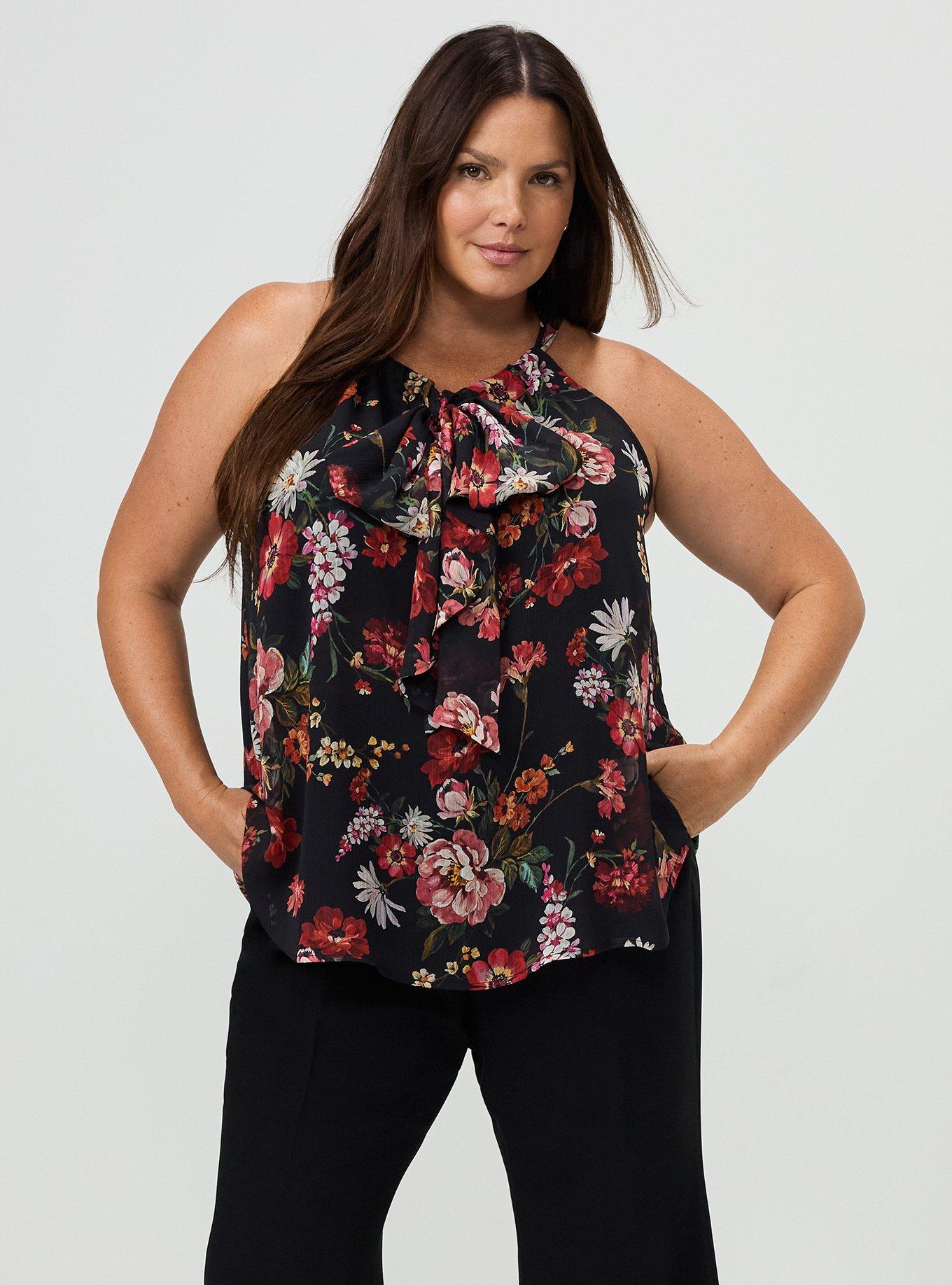 Plus Size Studio Chiffon Bow Tie Halter Top, CLASSICAL FLORAL BLACK, alternate