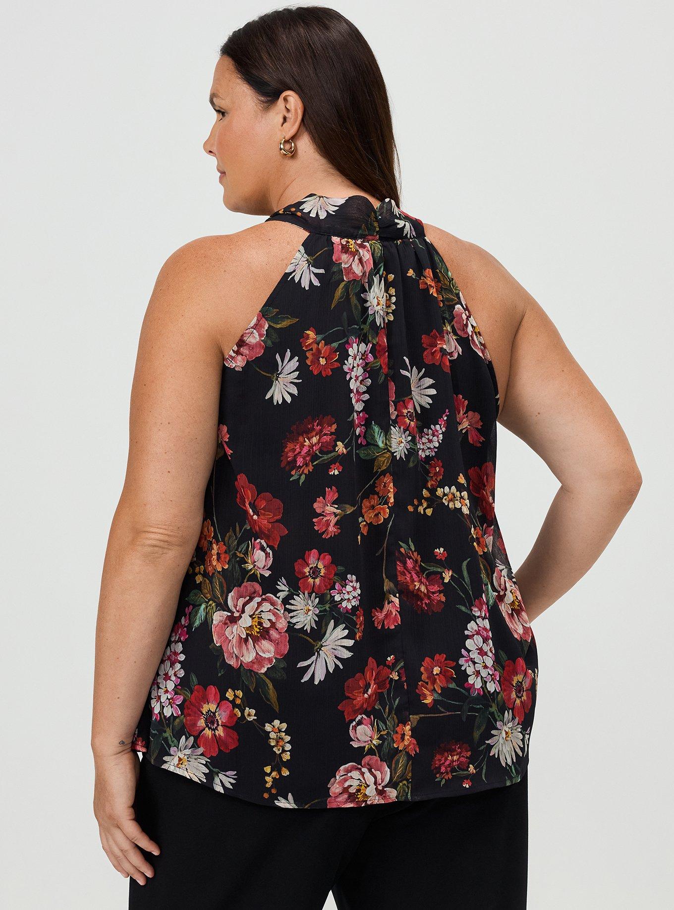 Plus Size Studio Chiffon Bow Tie Halter Top, CLASSICAL FLORAL BLACK, alternate