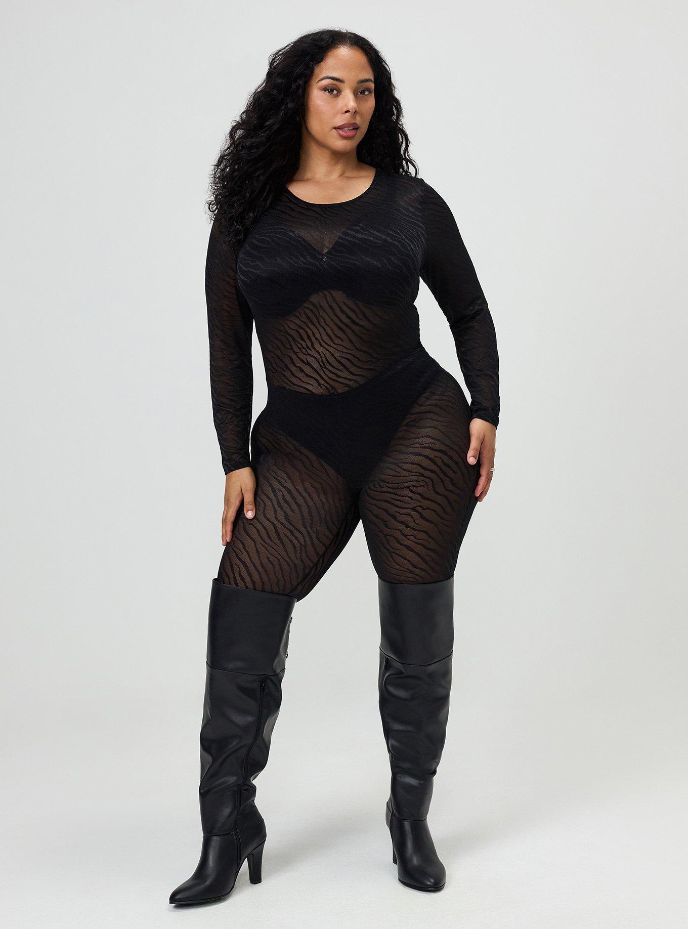 Plus Size Full-Length Zebra Lace Catsuit, DEEP BLACK, alternate
