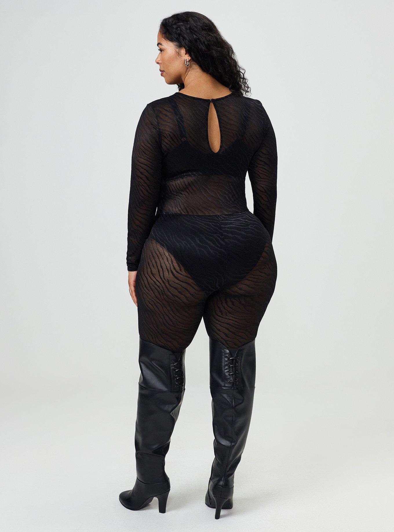 Plus Size Full-Length Zebra Lace Catsuit, DEEP BLACK, alternate