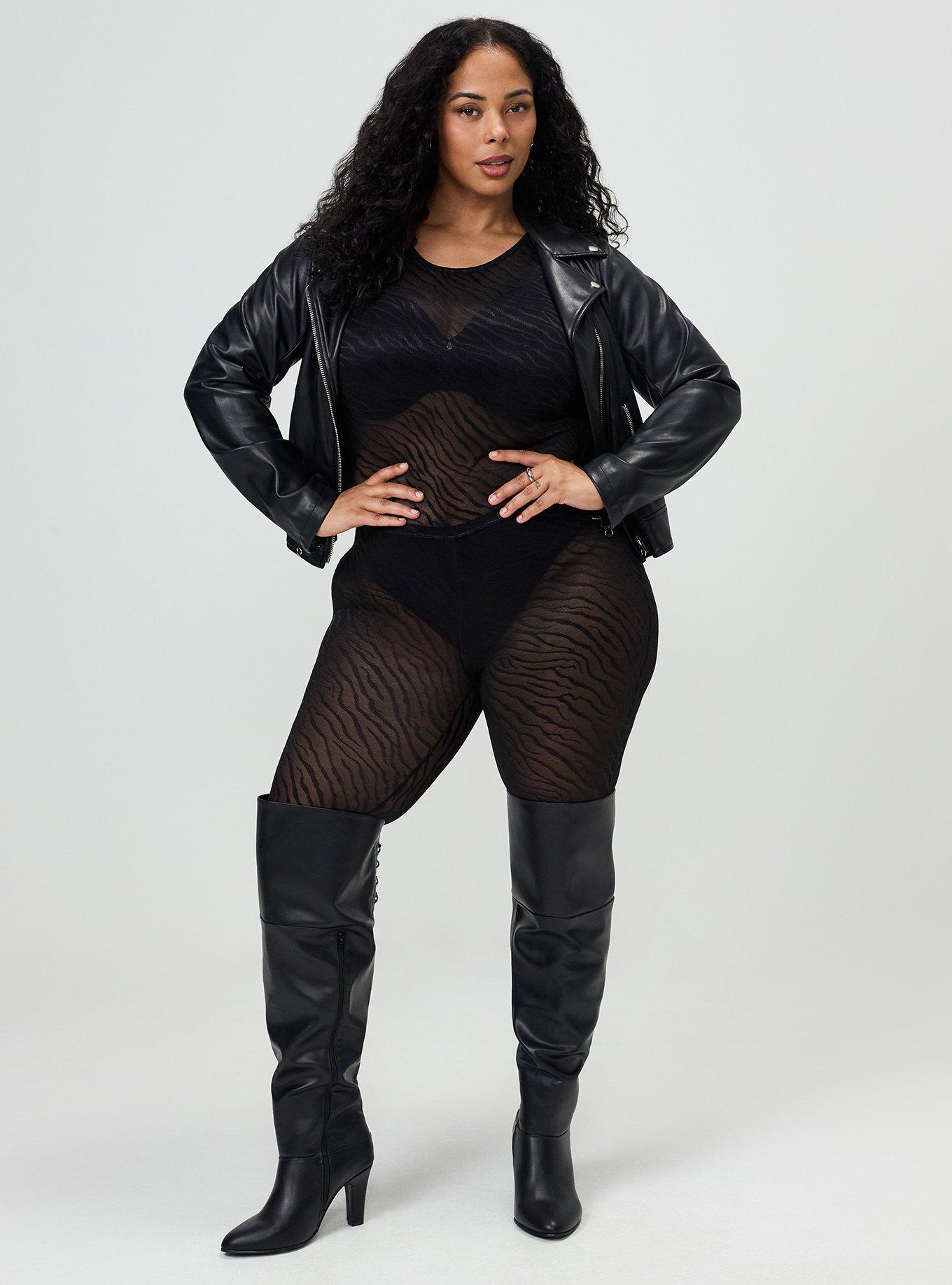 Plus Size Full-Length Zebra Lace Catsuit, DEEP BLACK, hi-res